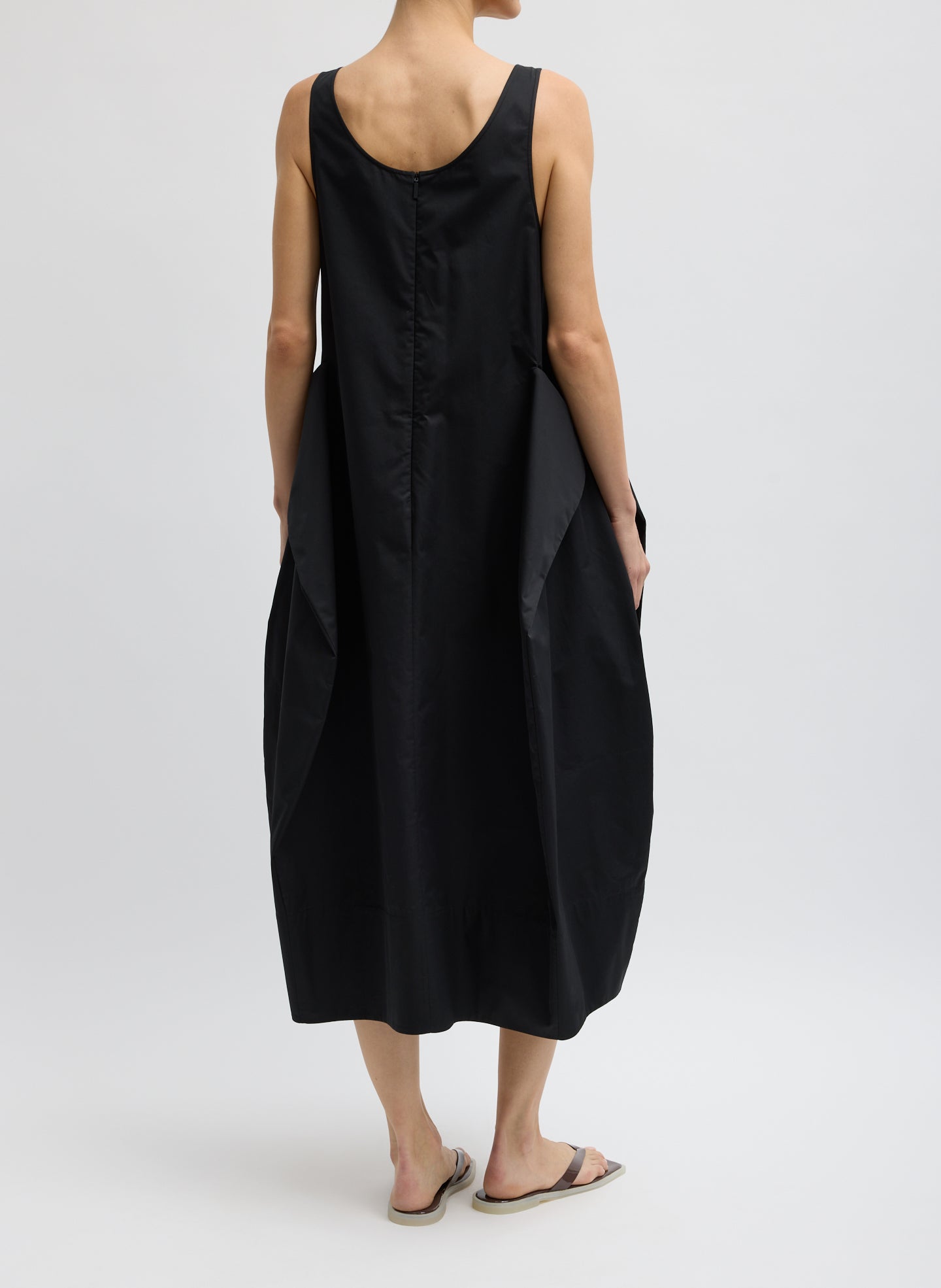 Black Eco Poplin Tank Dress - sleeveless midi dress, back view on model