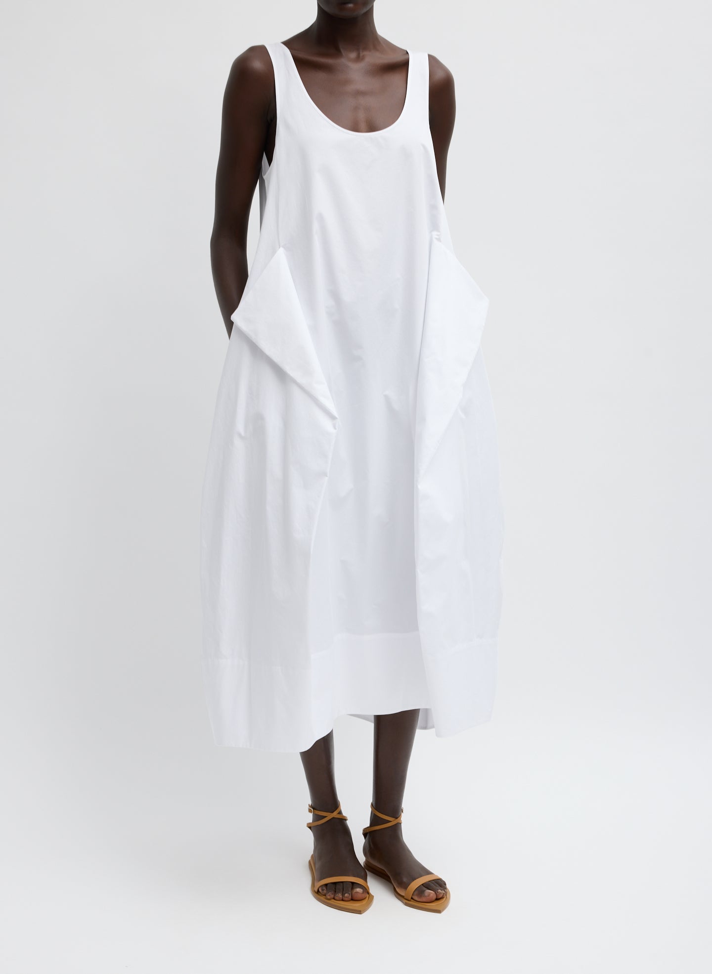 White Eco Poplin Tank Dress - sleeveless midi dress, front view on model