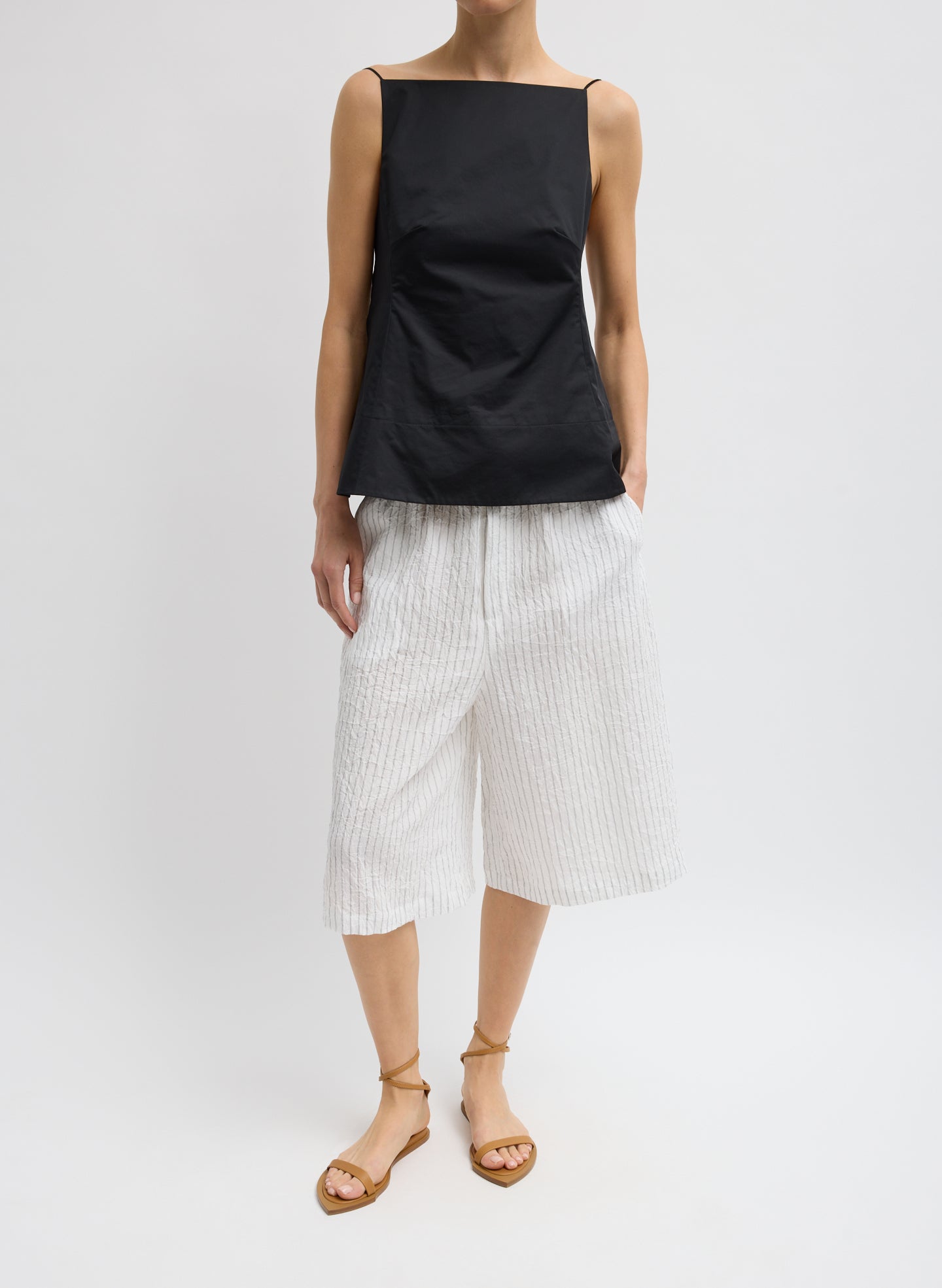 Black Eco Poplin Strappy Open Back Top - full look, front view on model