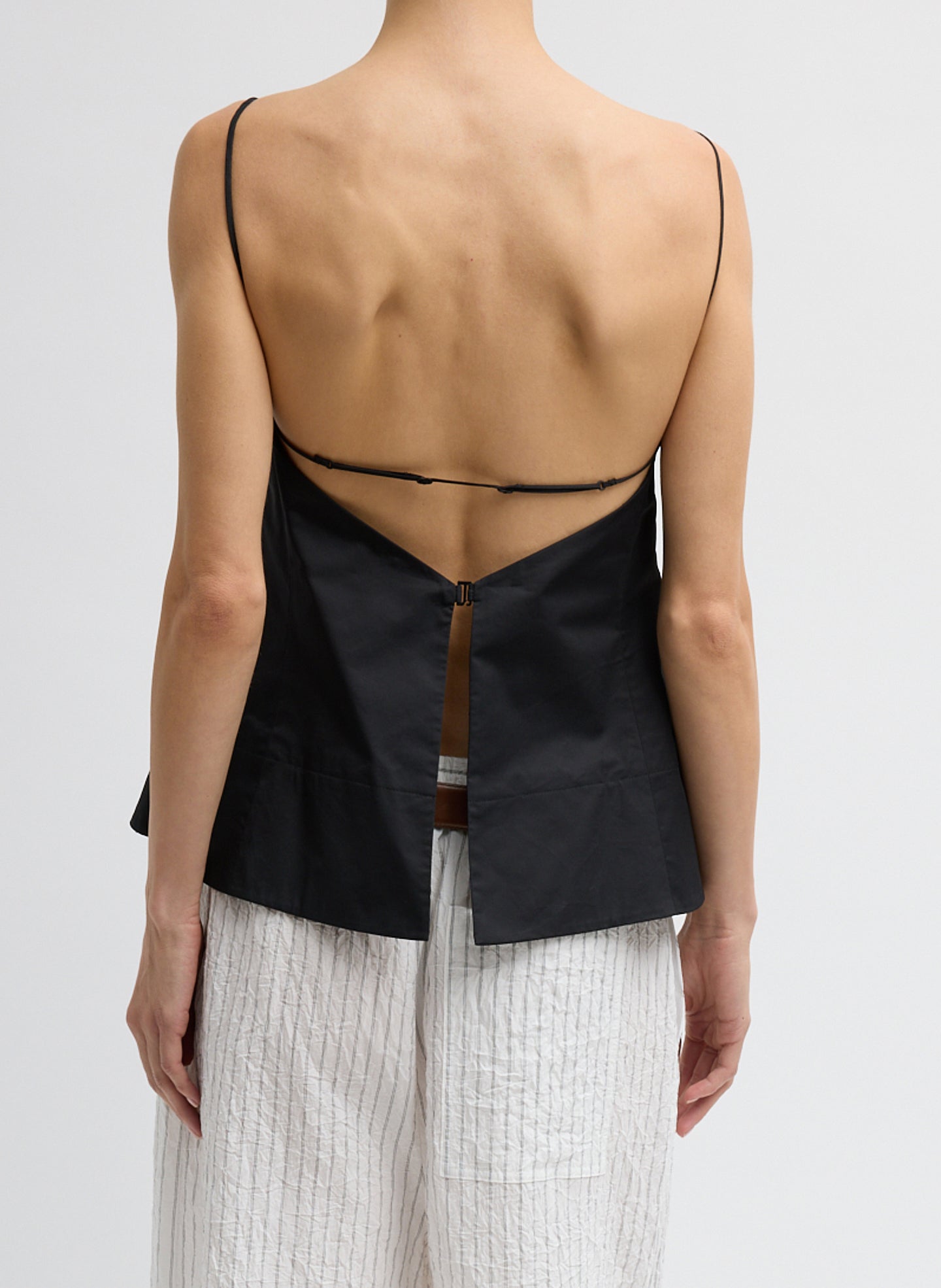 Black Eco Poplin Strappy Open Back Top - back view on model