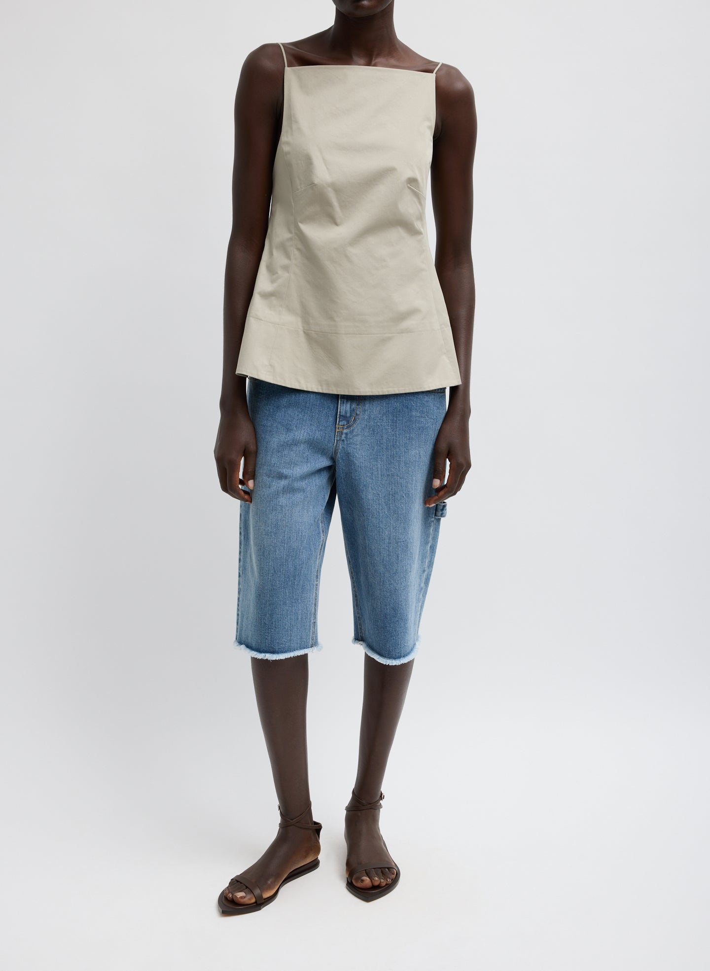 Beige Eco Poplin Strappy Open Back Top - full look, front view on model