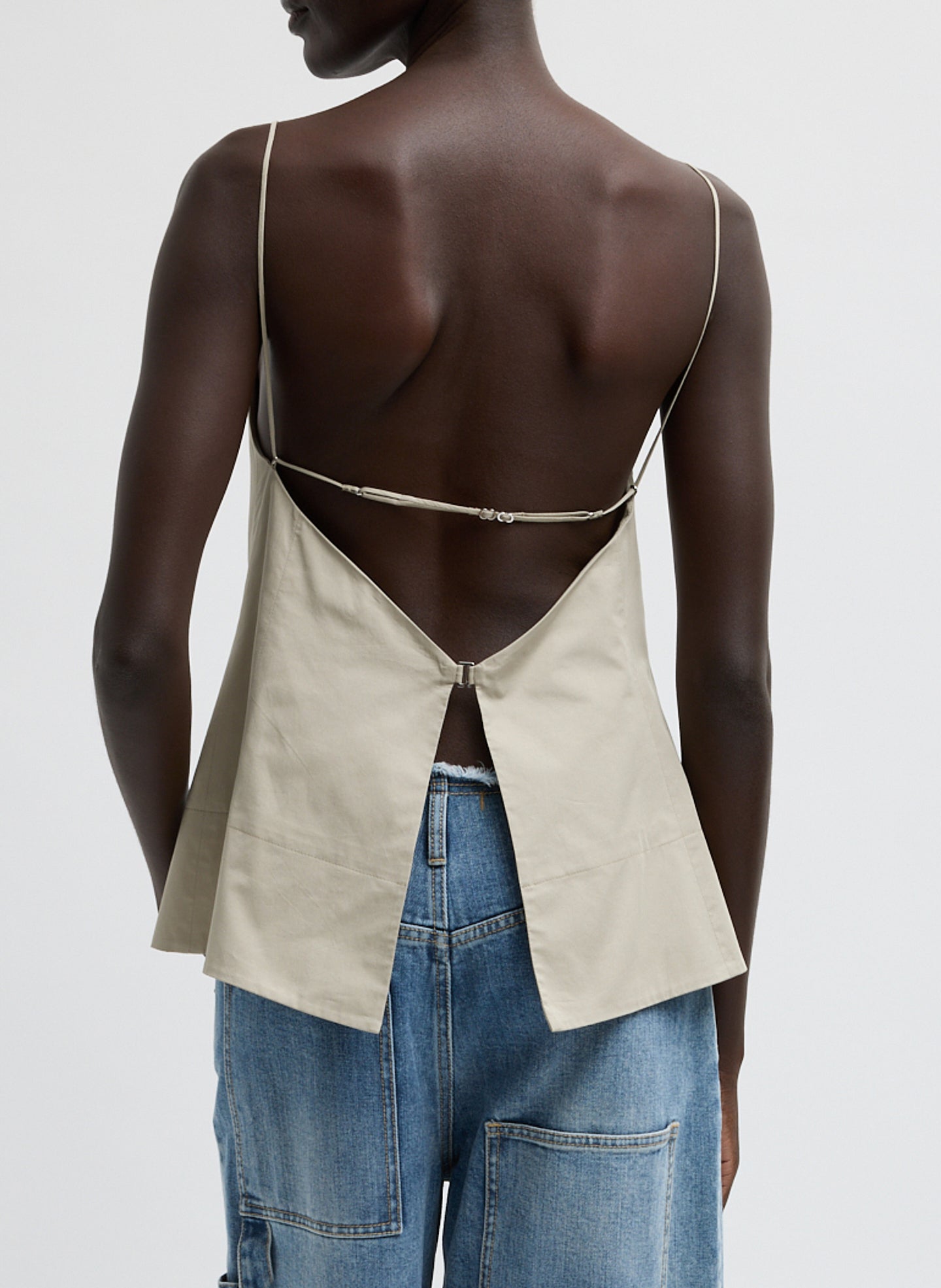 Beige Eco Poplin Strappy Open Back Top - back view on model