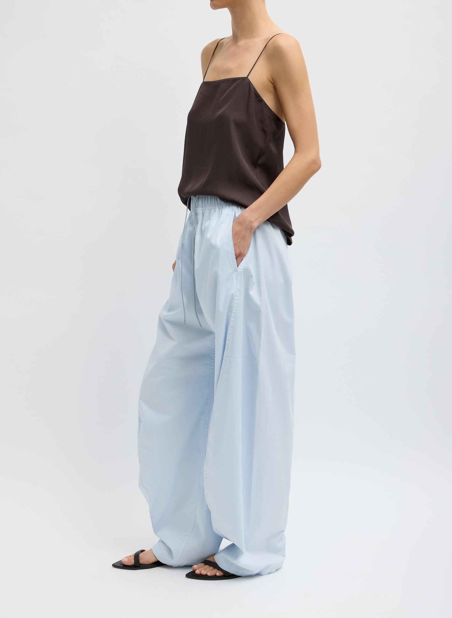 Pale Blue Garment Dyed Silky Cotton Winslow Pull On Pant - lounge pants, side view on model