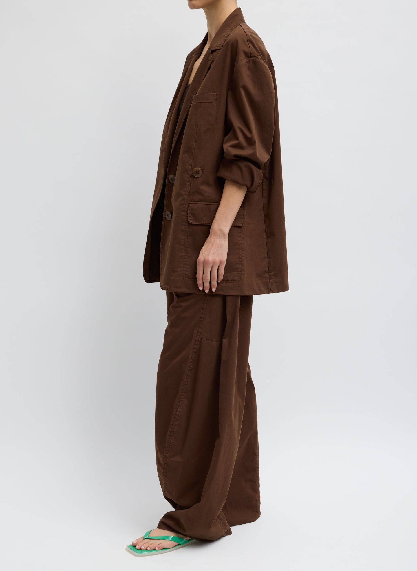 Brown Garment Dyed Silk Cotton Liam Blazer - oversized blazer, side view on model