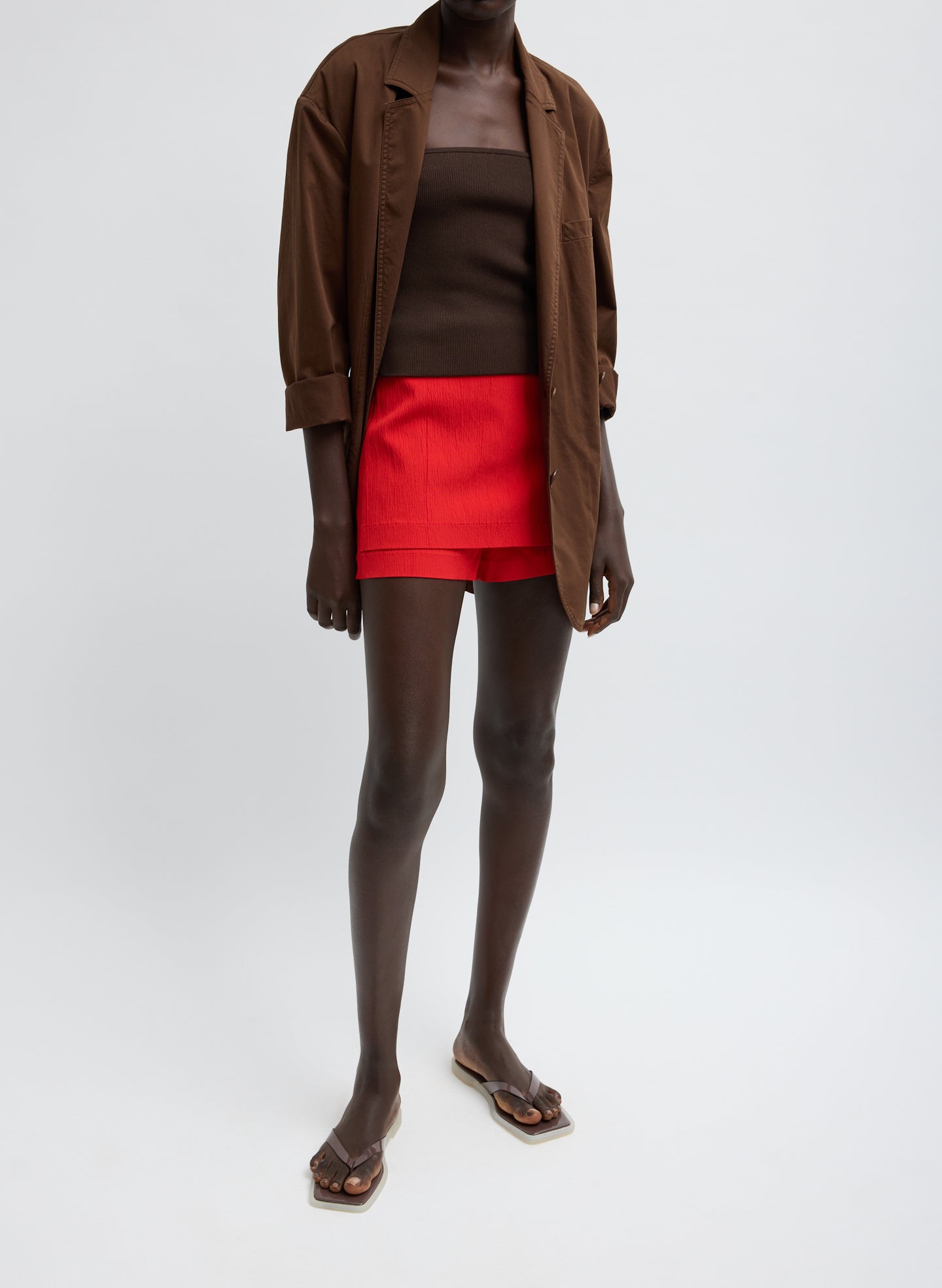 Brown Garment Dyed Silk Cotton Liam Blazer - full look, front view on model