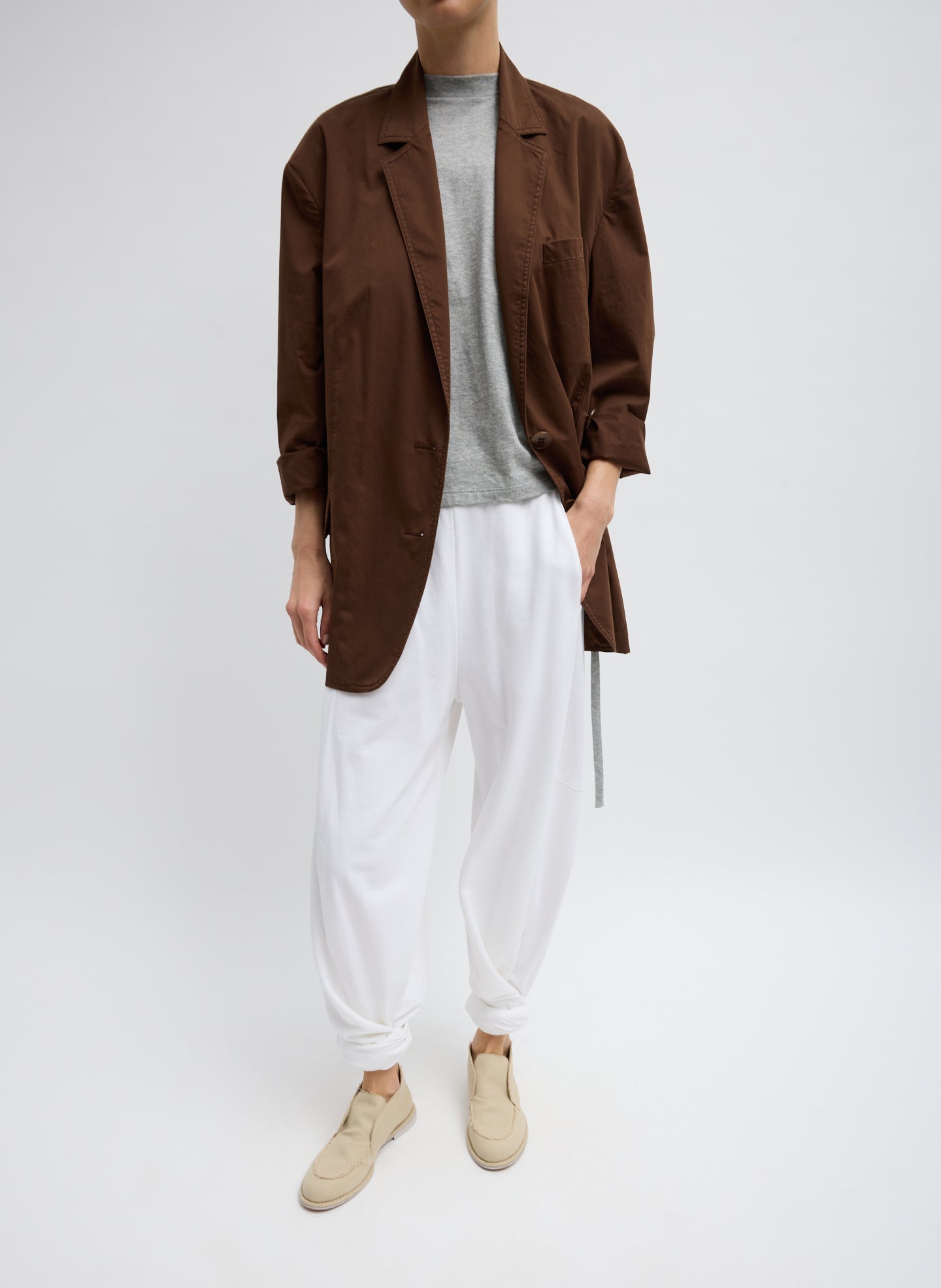 Brown Garment Dyed Silk Cotton Liam Blazer - full look, front view on model