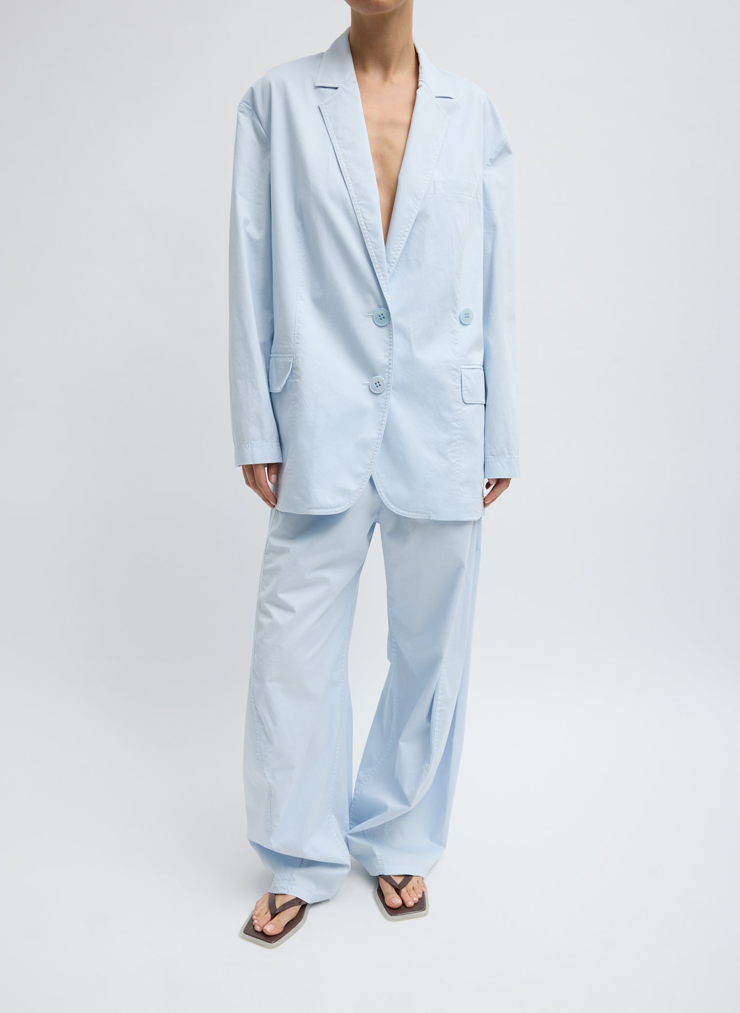 Pale Blue Garment Dyed Silky Cotton Liam Blazer - oversized blazer, front view on model