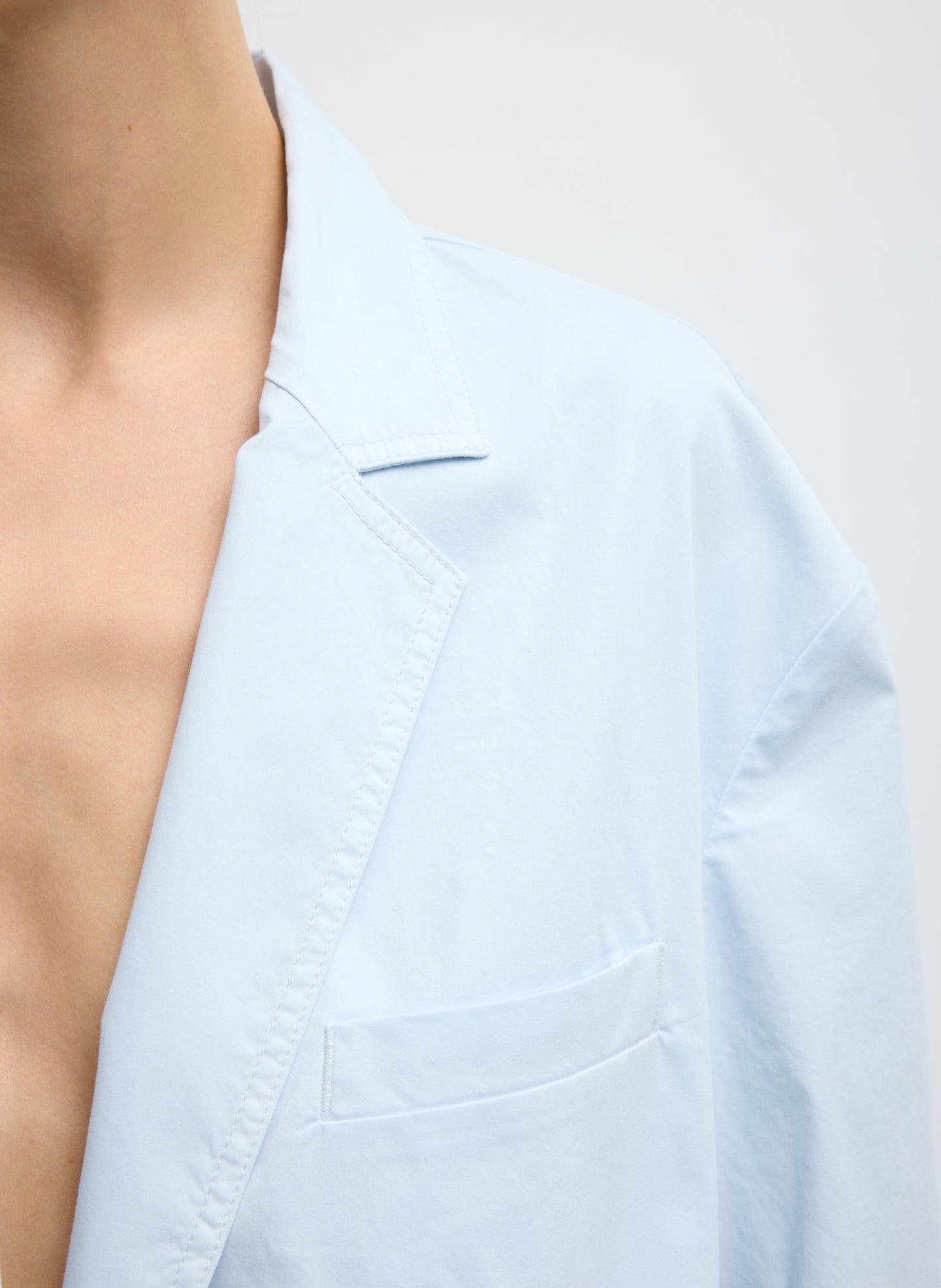 Pale Blue Garment Dyed Silky Cotton Liam Blazer - closeup of collar