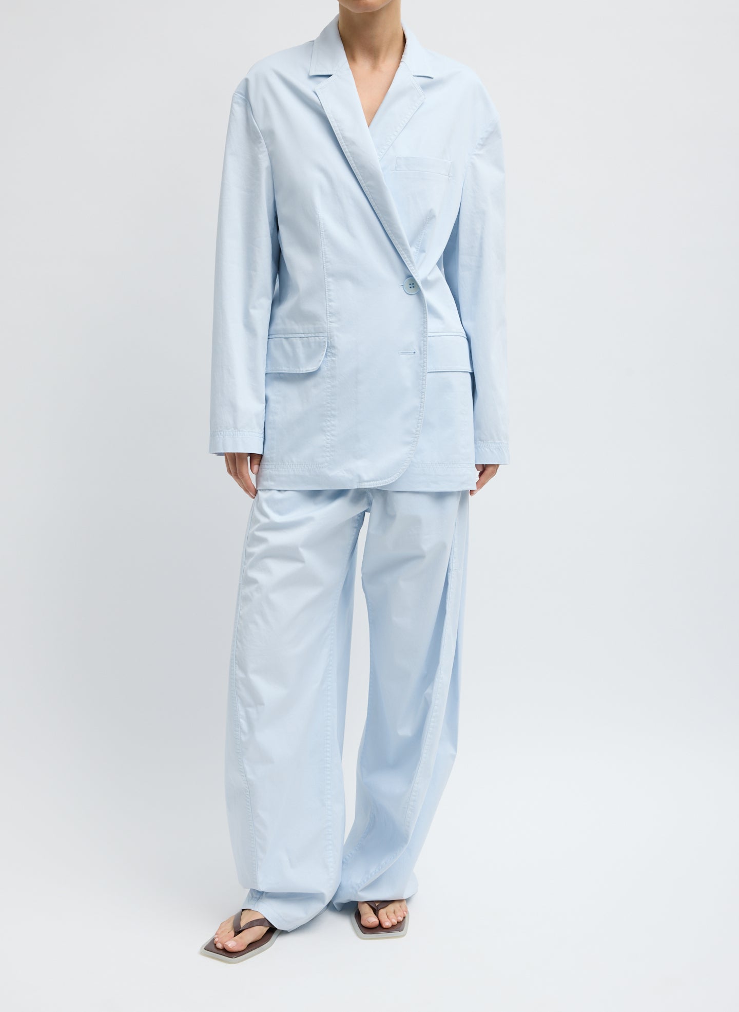 Pale Blue Garment Dyed Silky Cotton Liam Blazer - oversized blazer, front view on model