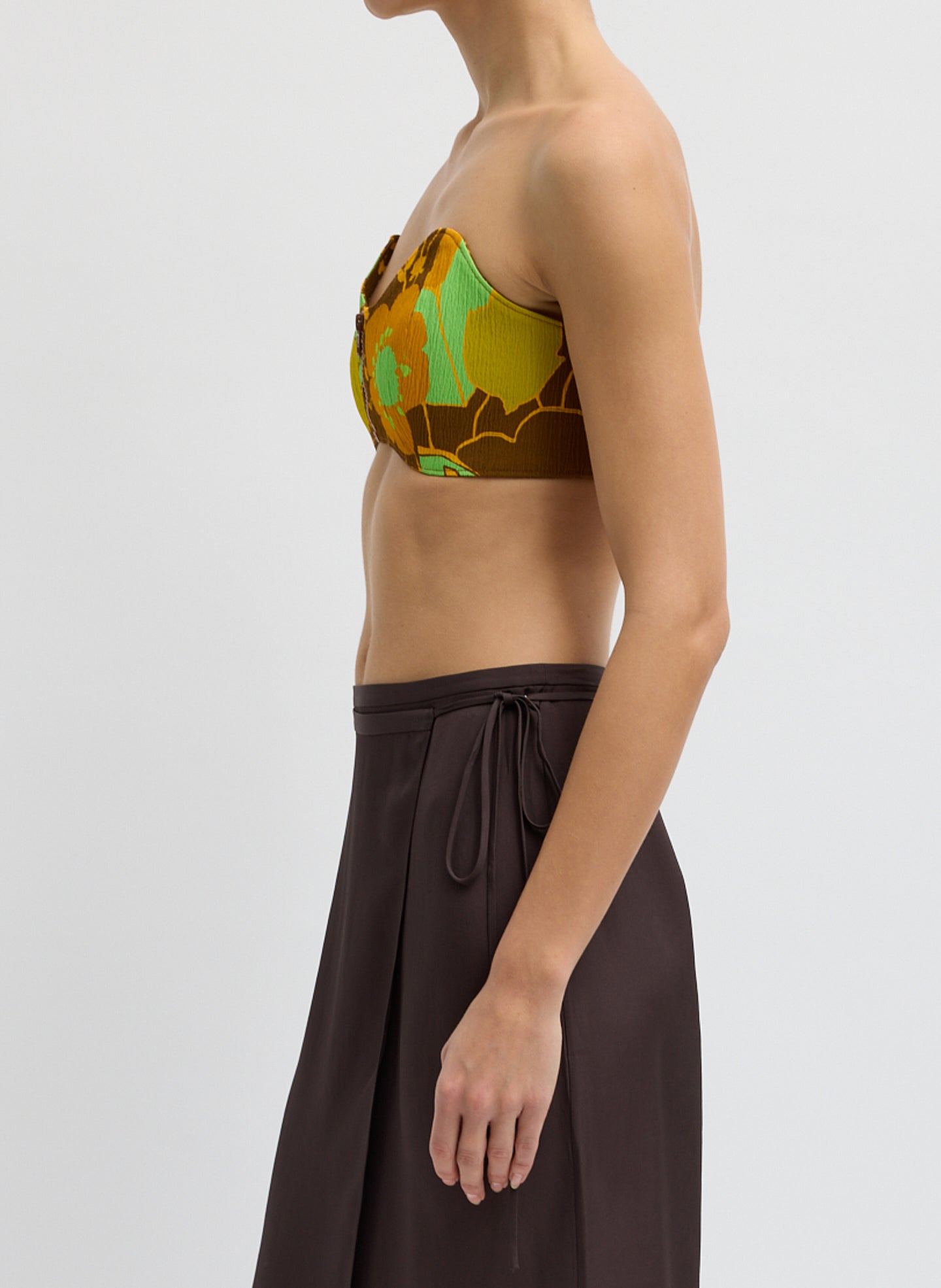 Creased Stretch Crepe Kamara Print Strapless Bralette - floral print retro bralette, side view on model