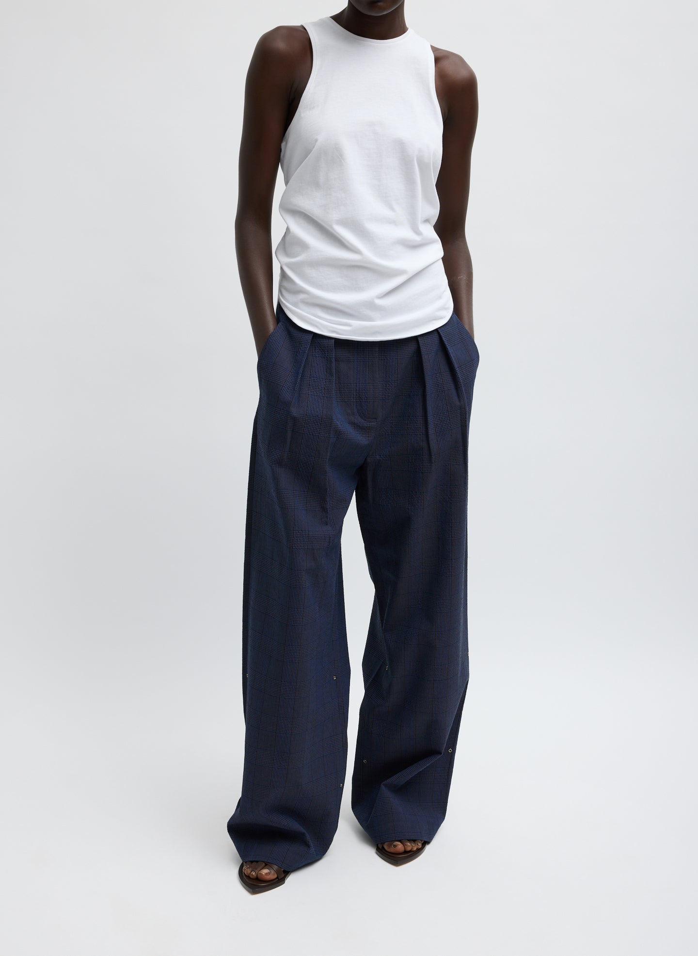 Navy Menswear Crepon Stella Full Length Trouser - full look, front view on model