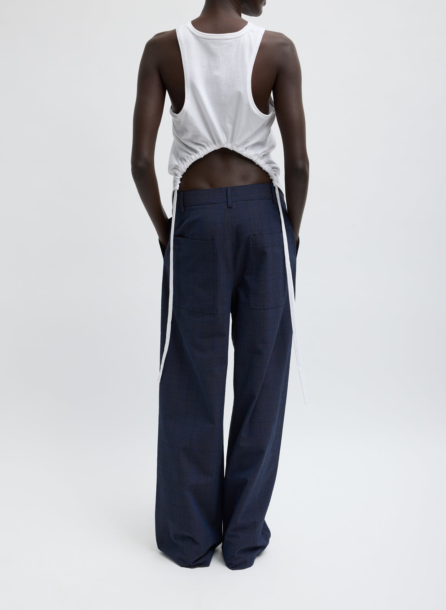 Navy Menswear Crepon Stella Full Length Trouser - full look, back view on model