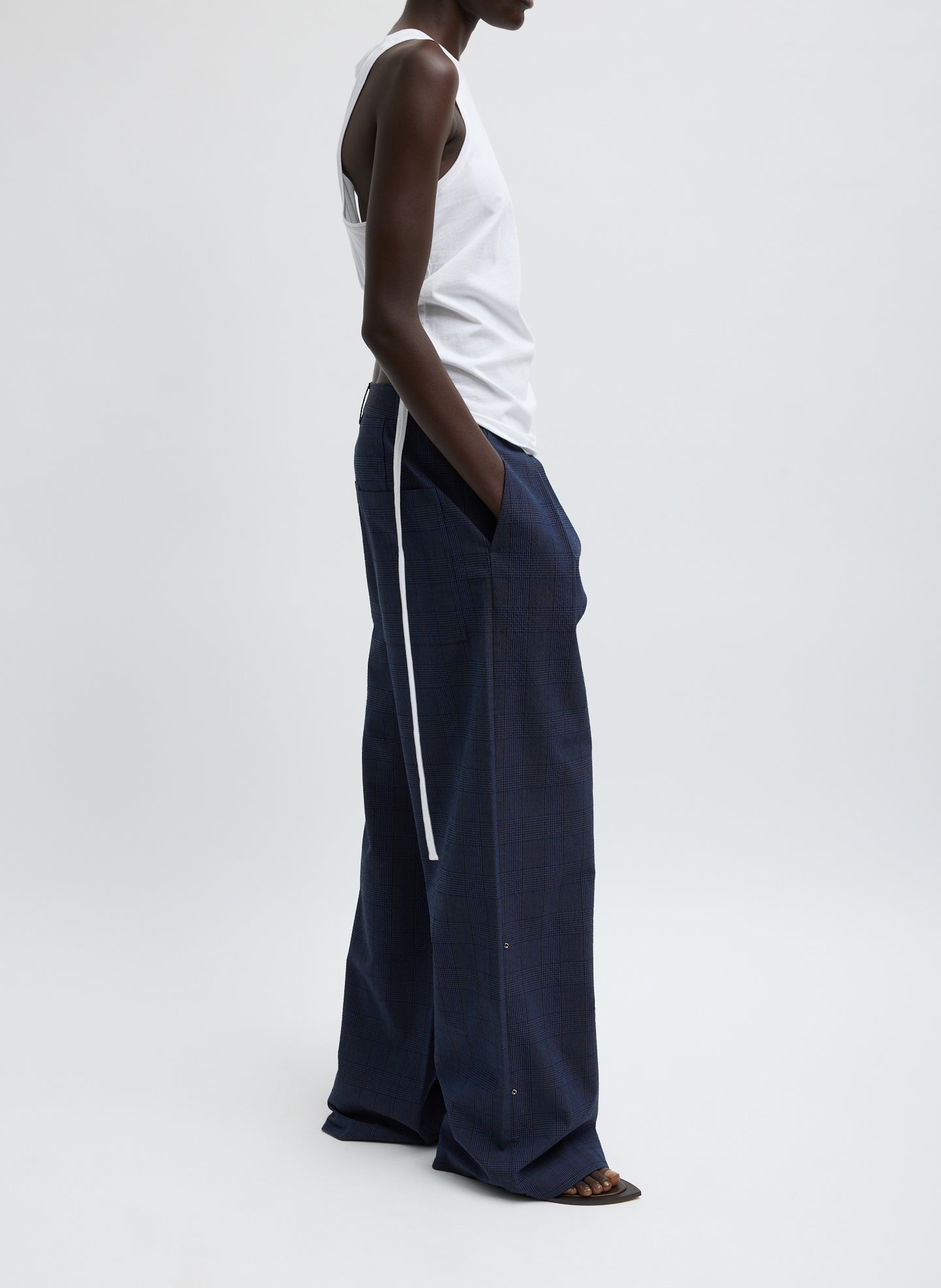 Navy Menswear Crepon Stella Full Length Trouser - full look, side view on model