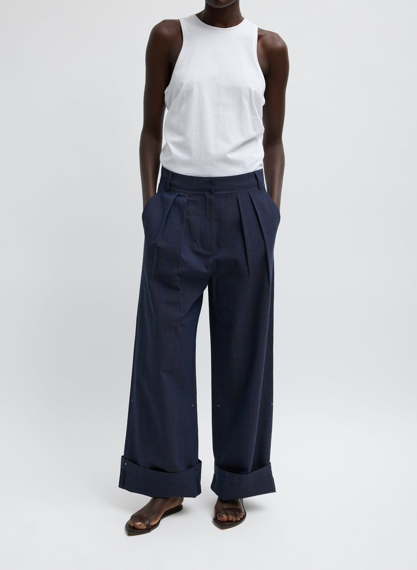 Navy Menswear Crepon Stella Full Length Trouser - full look, front view on model
