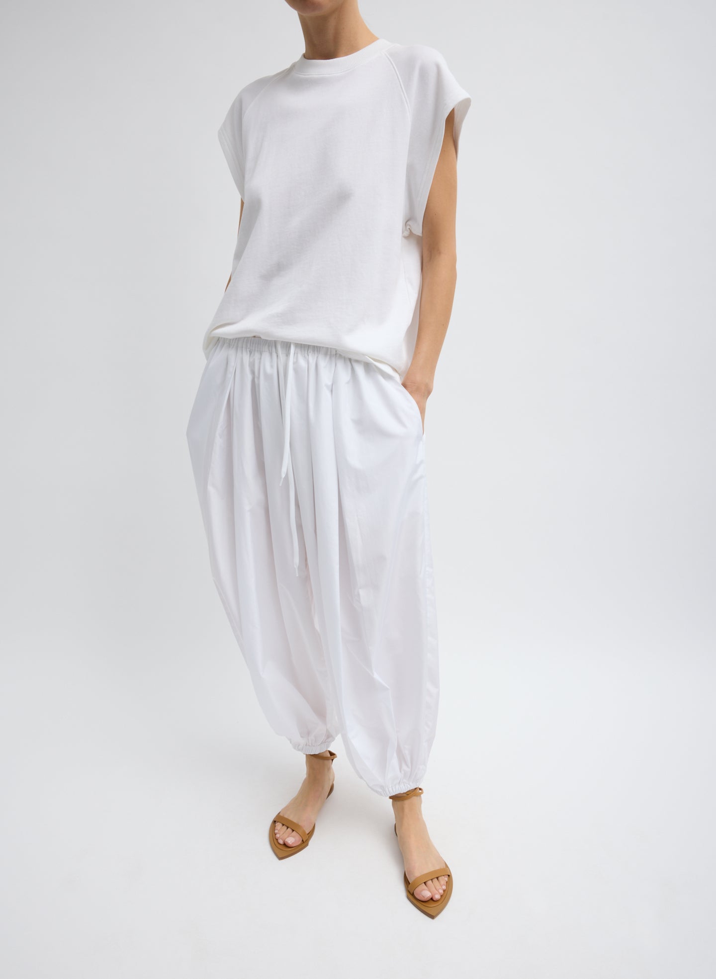 White Summer Nylon Zeppelin Balloon Pant - full look, front view on model