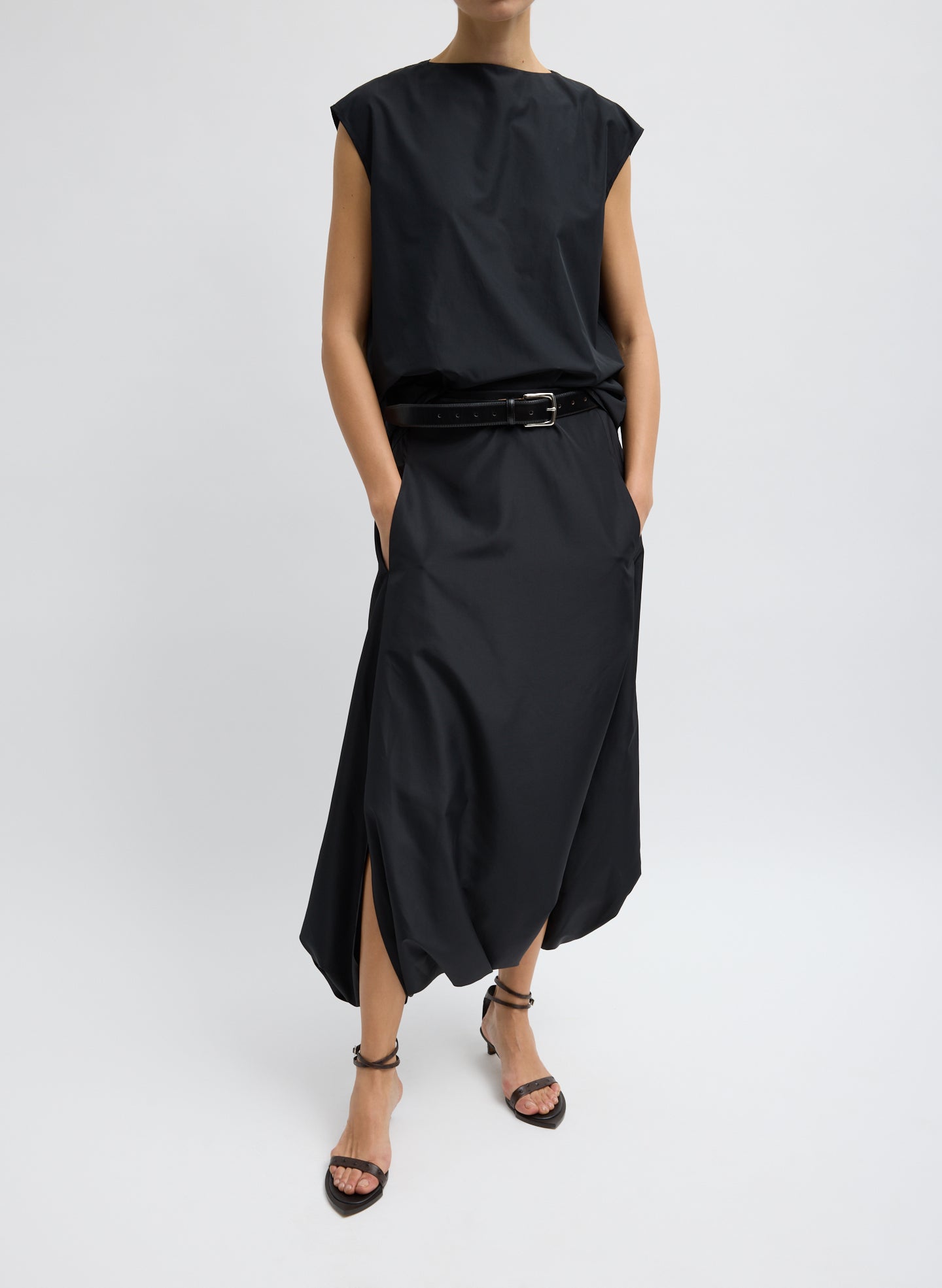 Black Summer Nylon Jalouise Midi Skirt - front view on model