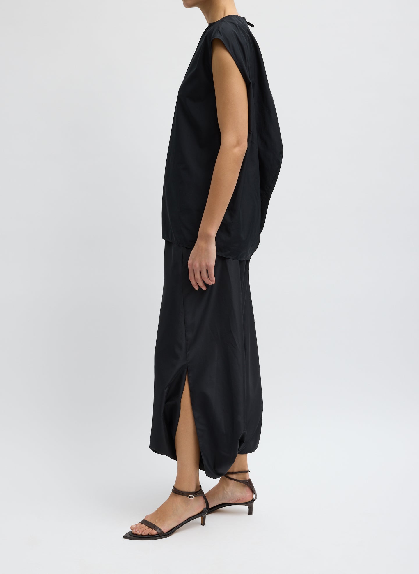 Black Summer Nylon Jalouise Midi Skirt - side view on model