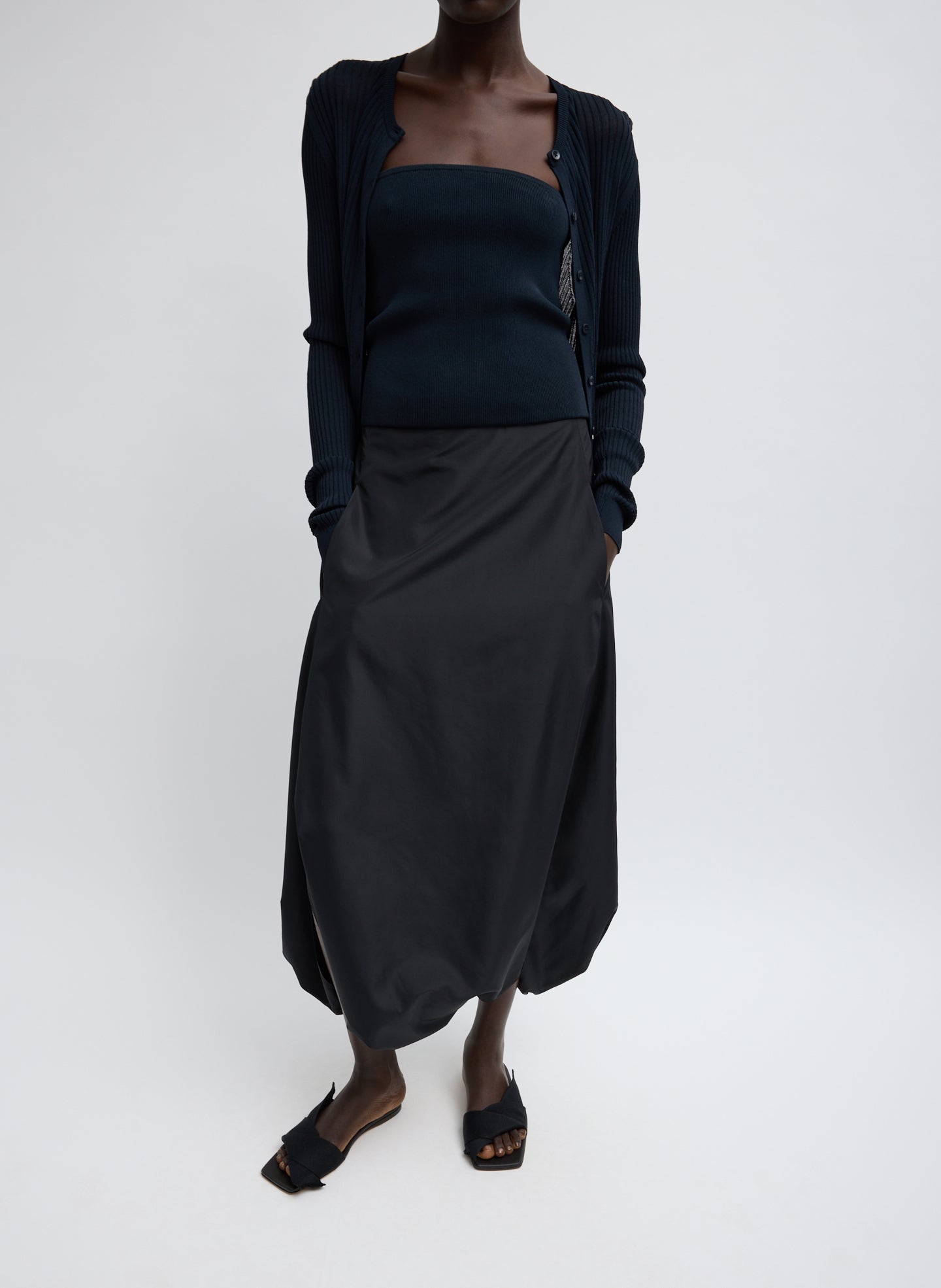 Black Summer Nylon Jalouise Midi Skirt - full look, front view on model