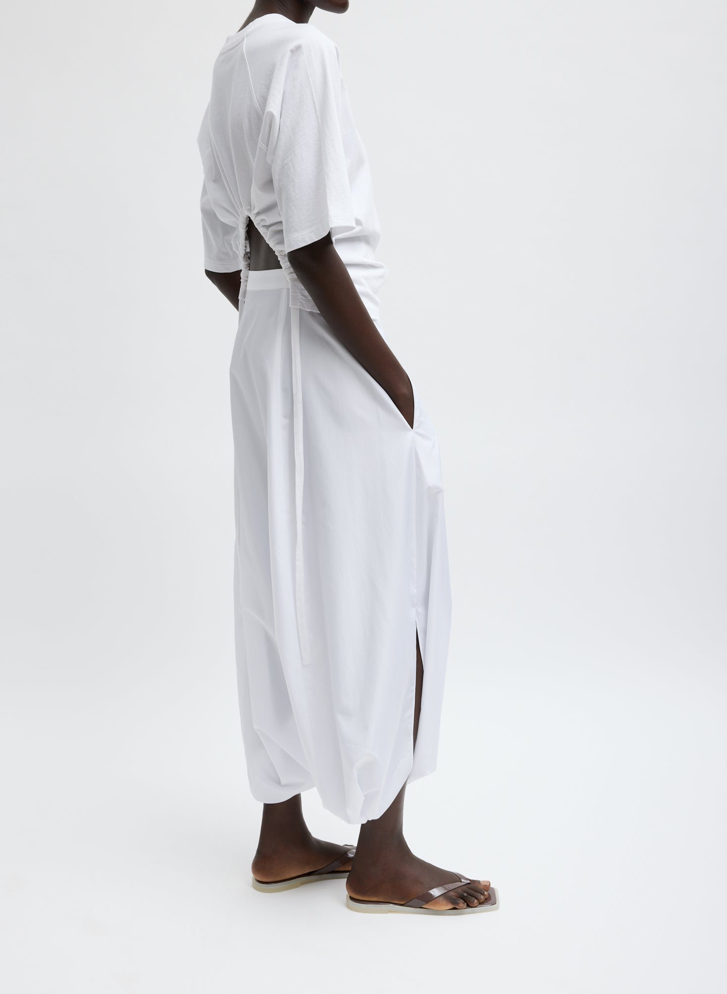 White Summer Nylon Jalouise Midi Skirt - side view on model