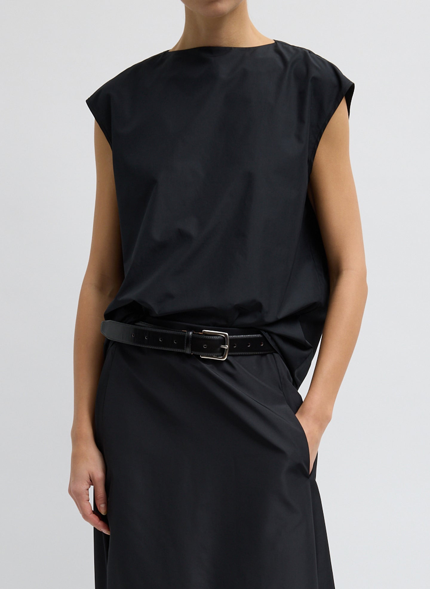 Summer Nylon Sleeveless Cocoon Top - Black Summer Nylon Sleeveless Cocoon Top - front view on model
