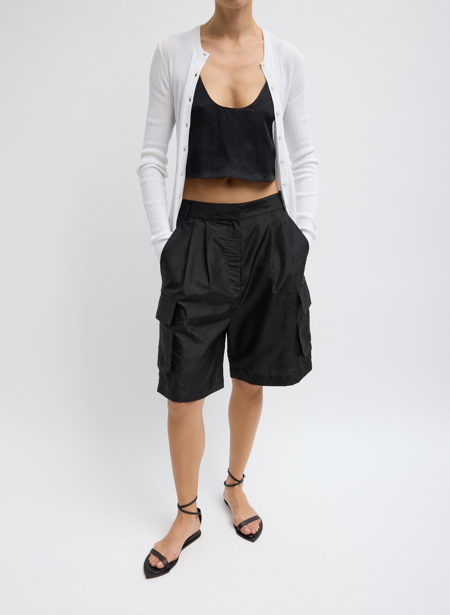 Black Crispy Nylon Stella Cargo Short - front view on model