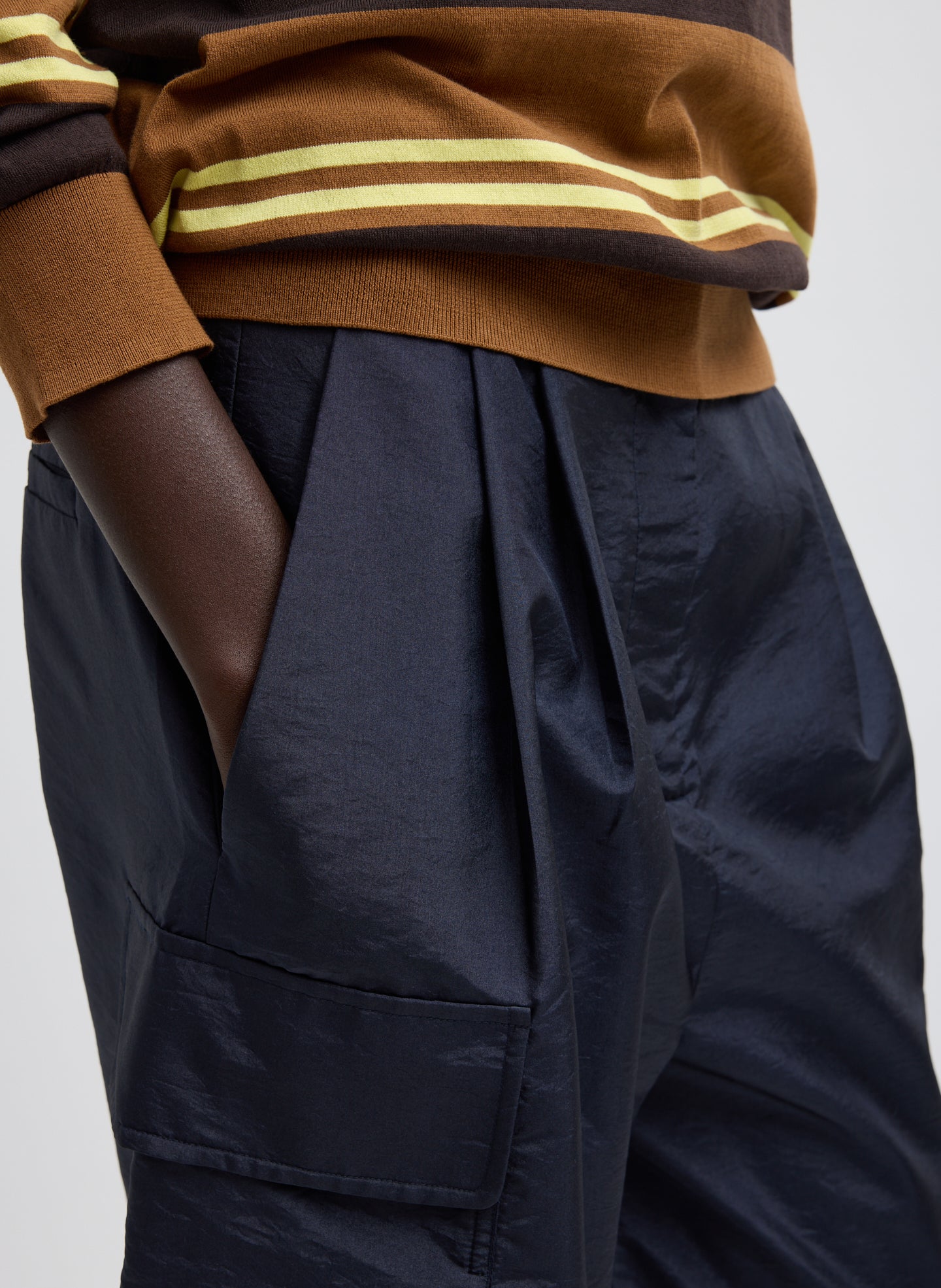 Navy Crispy Nylon Stella Cargo Short - close up of side pocket detail