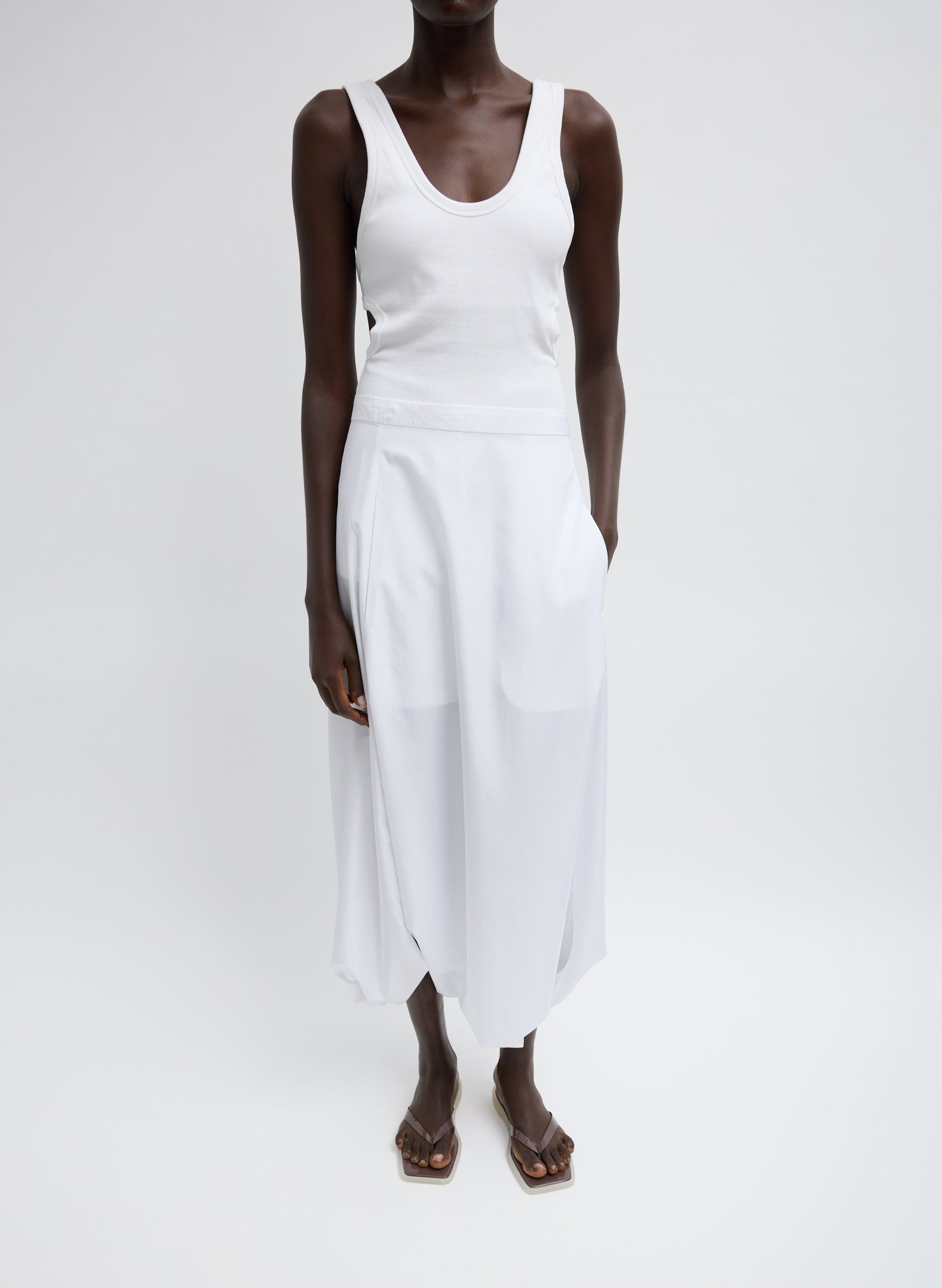 White Ribbed Racerback Tank Top - full look, front view on model