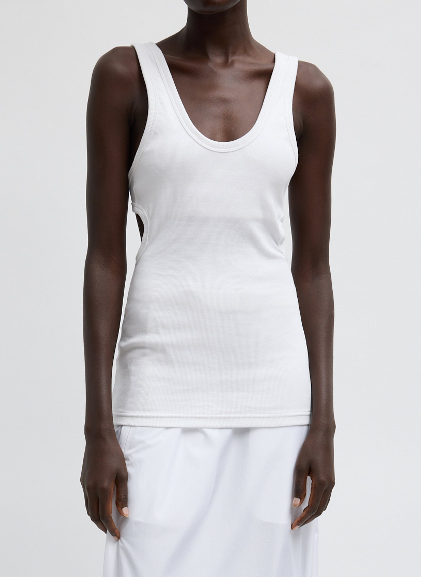 White Ribbed Racerback Tank Top - front view on model