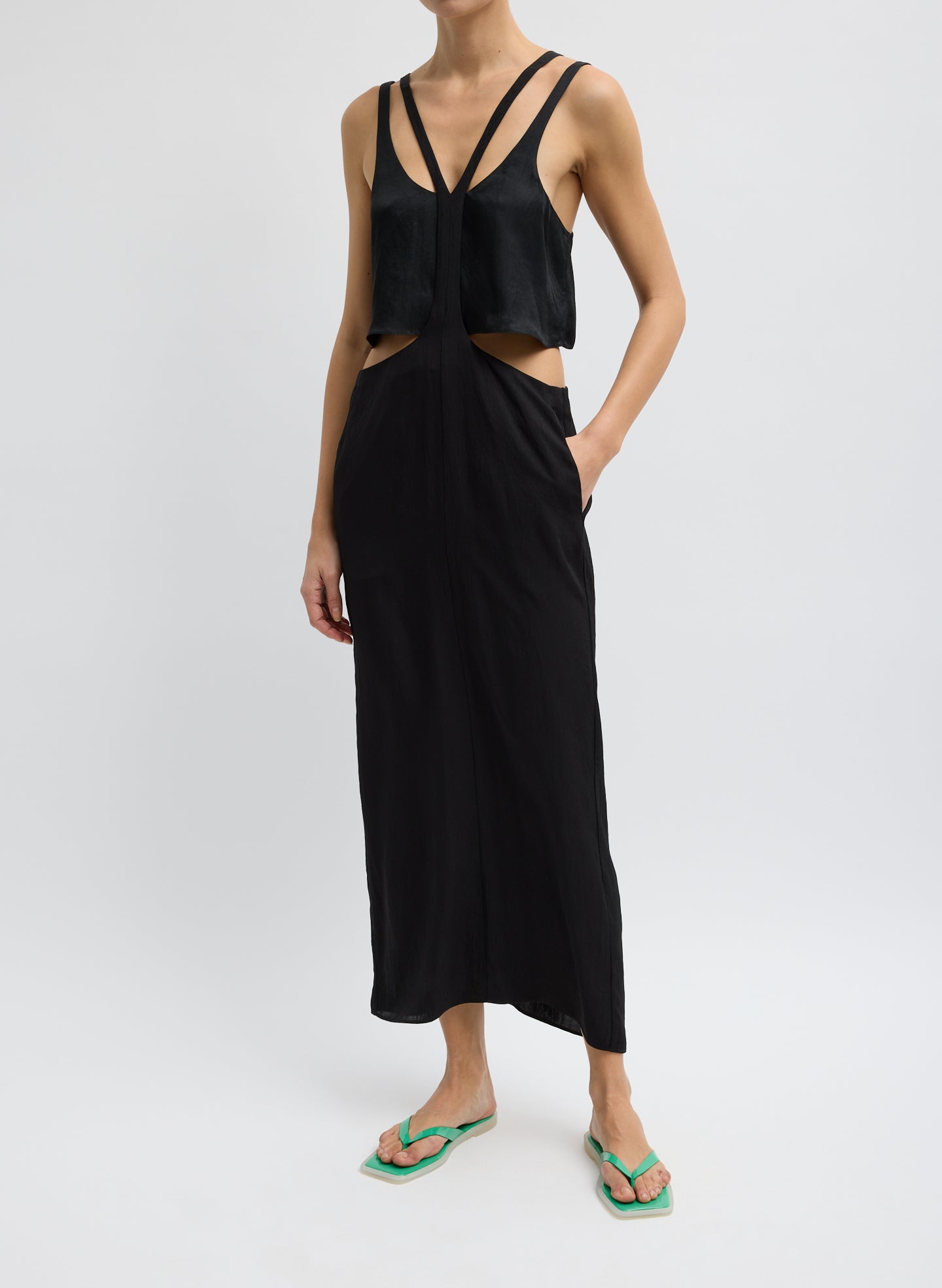 Black Summer Acetate Crinkle Overall Skirt - front view on model