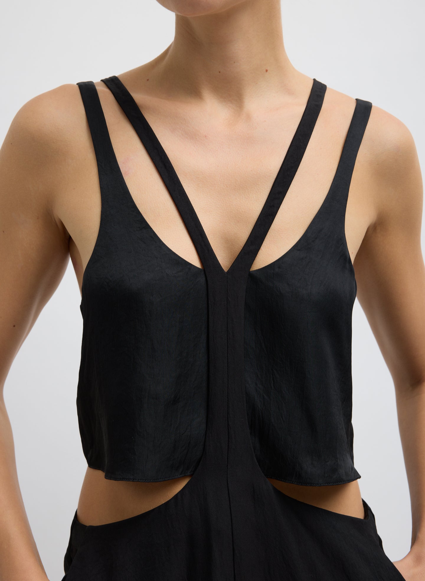 Black Summer Acetate Crinkle Overall Skirt - closeup of front strap detail