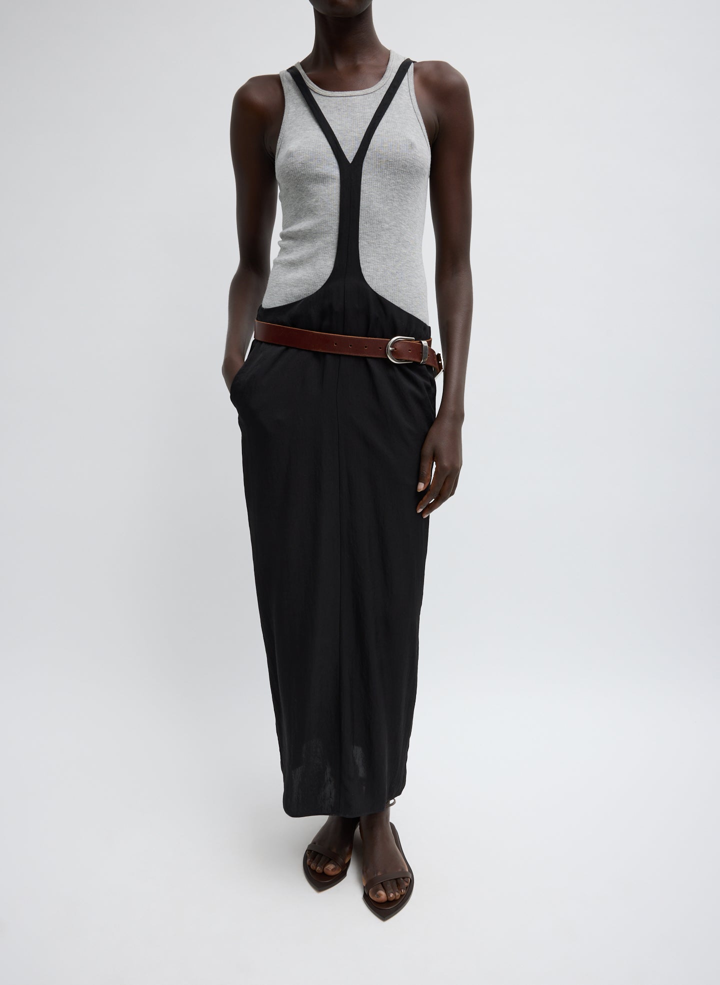 Black Summer Acetate Crinkle Overall Skirt - full look, front view on model