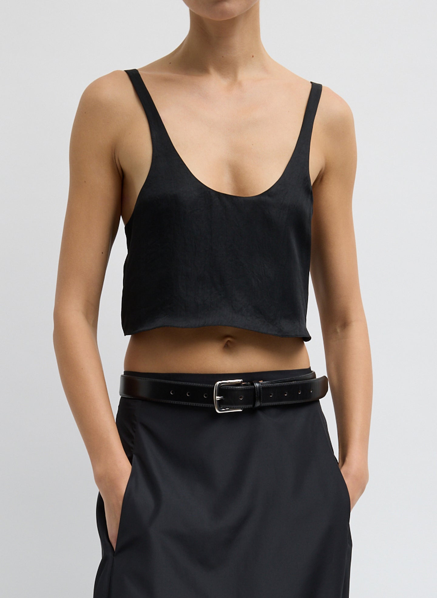Black Summer Acetate Crinkle Cropped Tank Top - front view on model