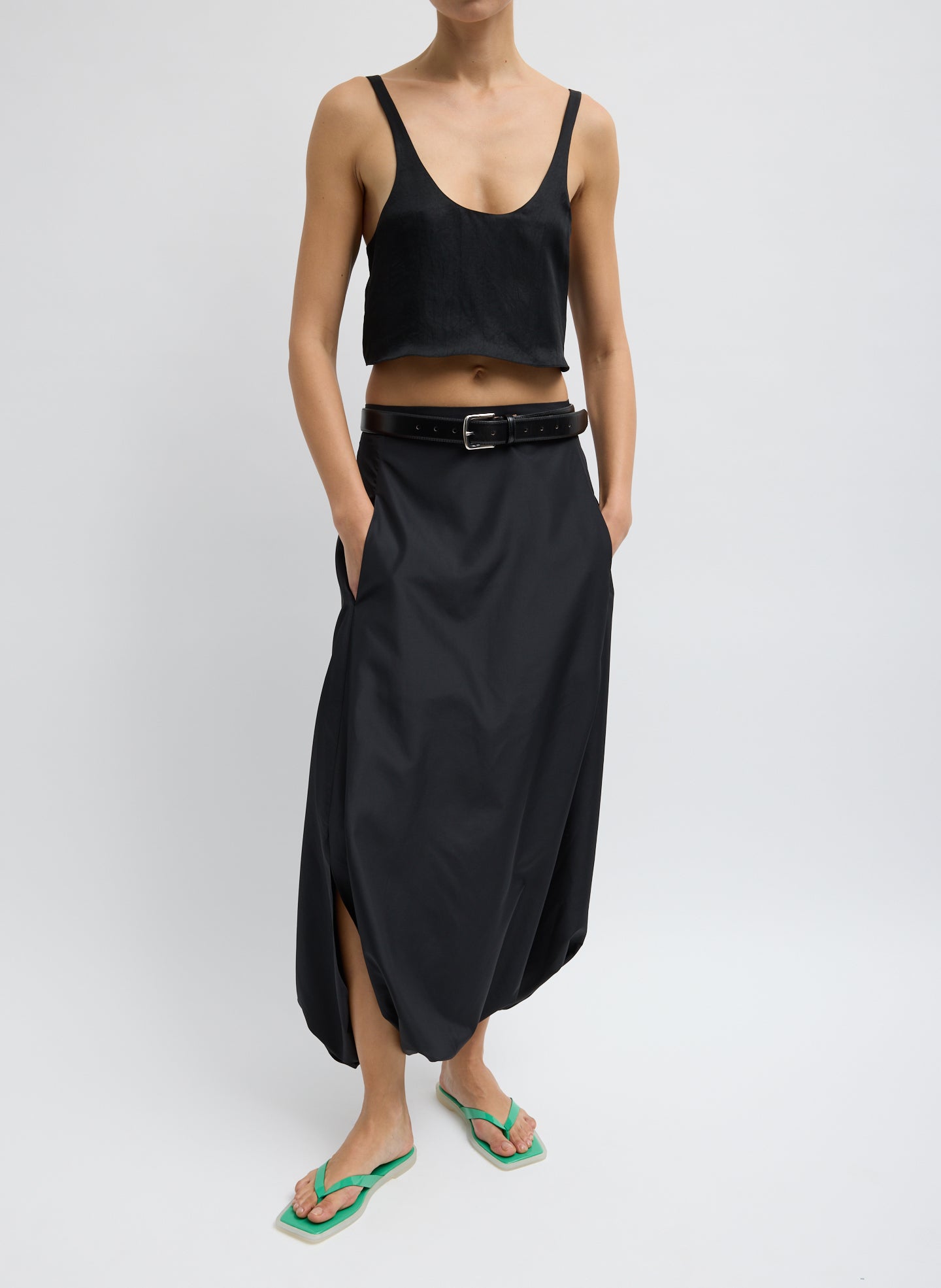 Black Summer Acetate Crinkle Cropped Tank Top - full look, front view on model
