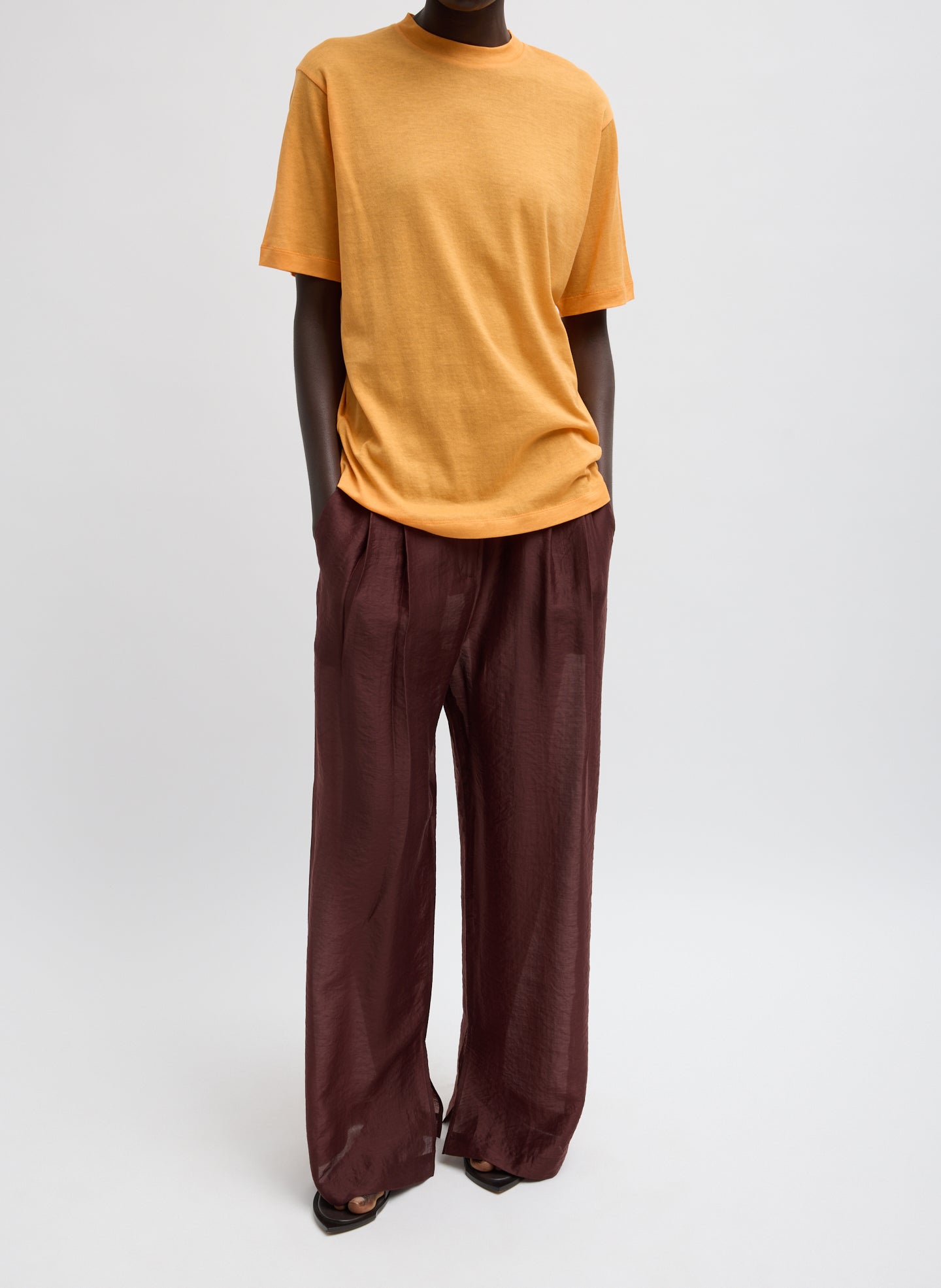 Orange Sheer Crepe Knit Mock Neck Unisex T-Shirt - full look, front view on model