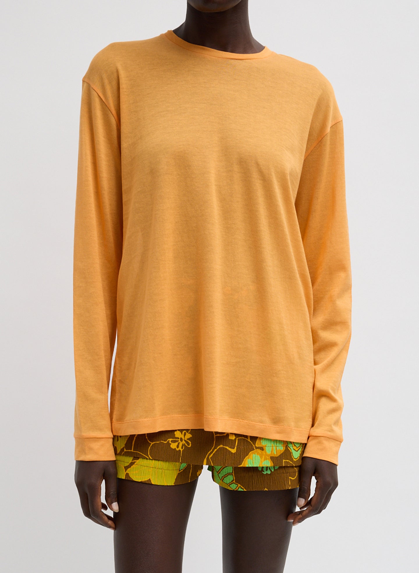 Layered Sheer Long T-shirts イエロー Sheer Crepe Knit Crewneck Unisex Long Sleeve T-Shirt – Tibi Official