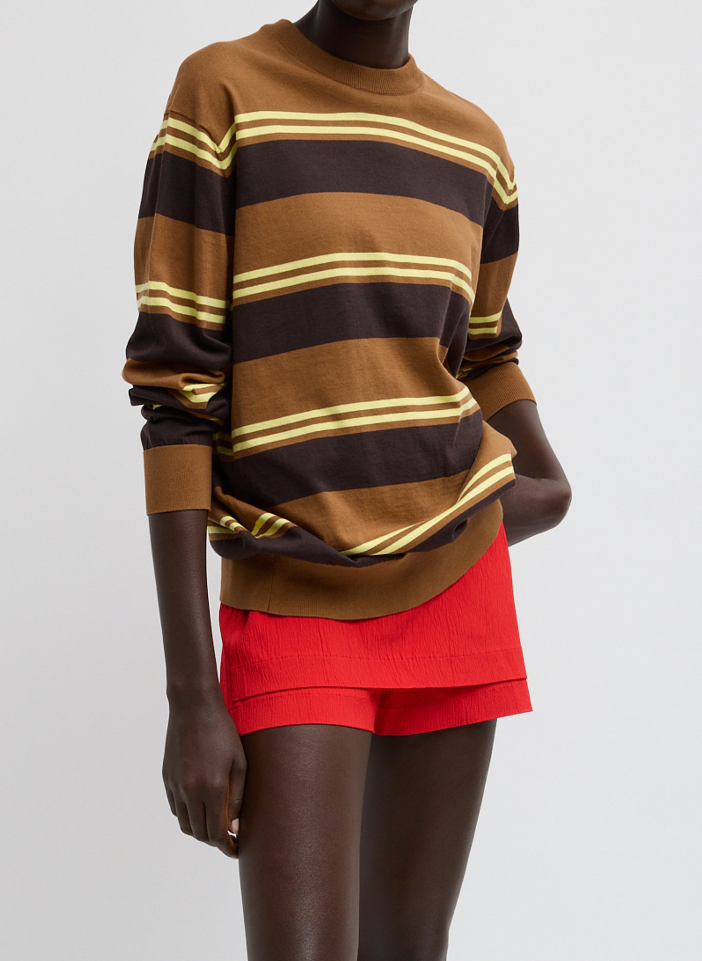 Brown Super Fine Gauge Striped Perfect Crewneck Pullover - long sleeved knit, front view on model