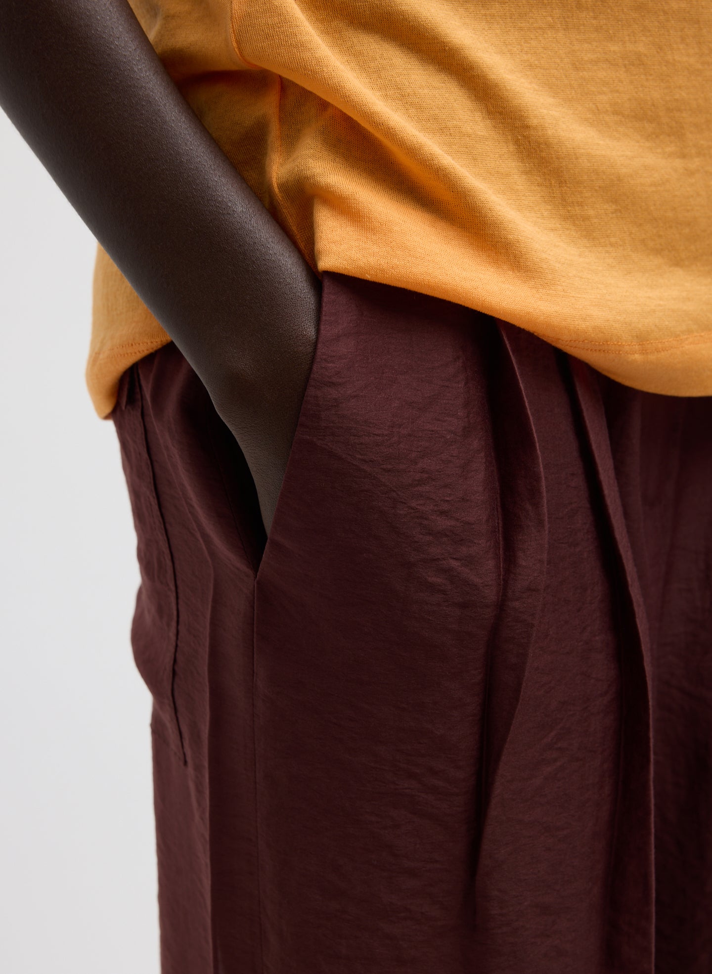 Russet Brown Summer Voile Stella Pant with Slit Detail - closeup of side pocket