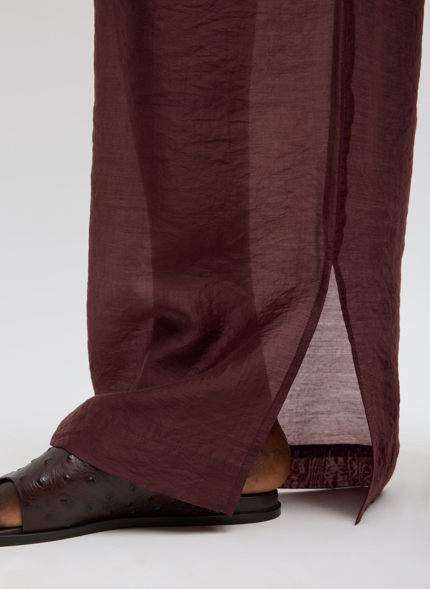 Russet Brown Summer Voile Stella Pant with Slit Detail - closeup of slit detail at hem