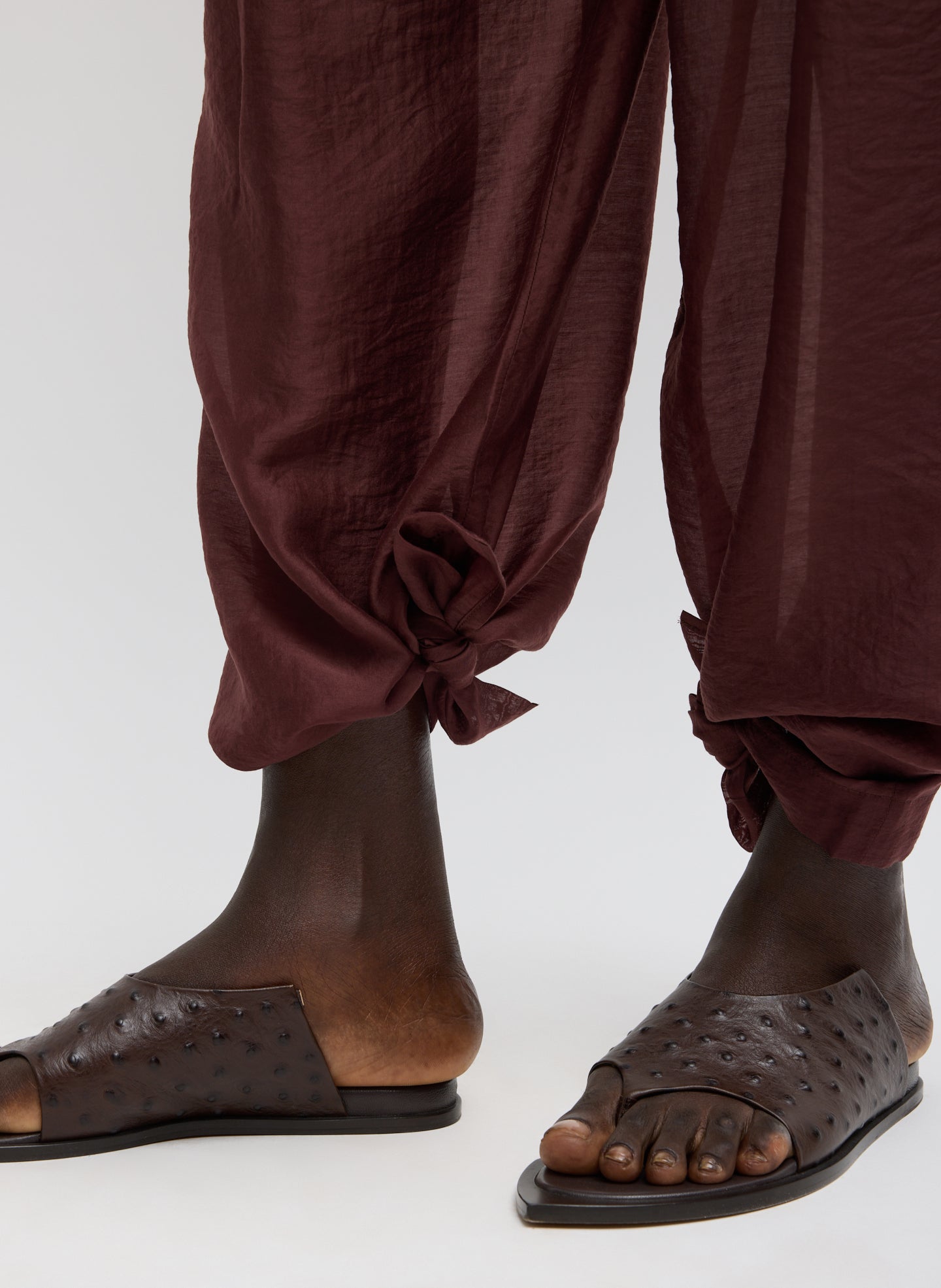 Russet Brown Summer Voile Stella Pant with Slit Detail - closeup of tied hem