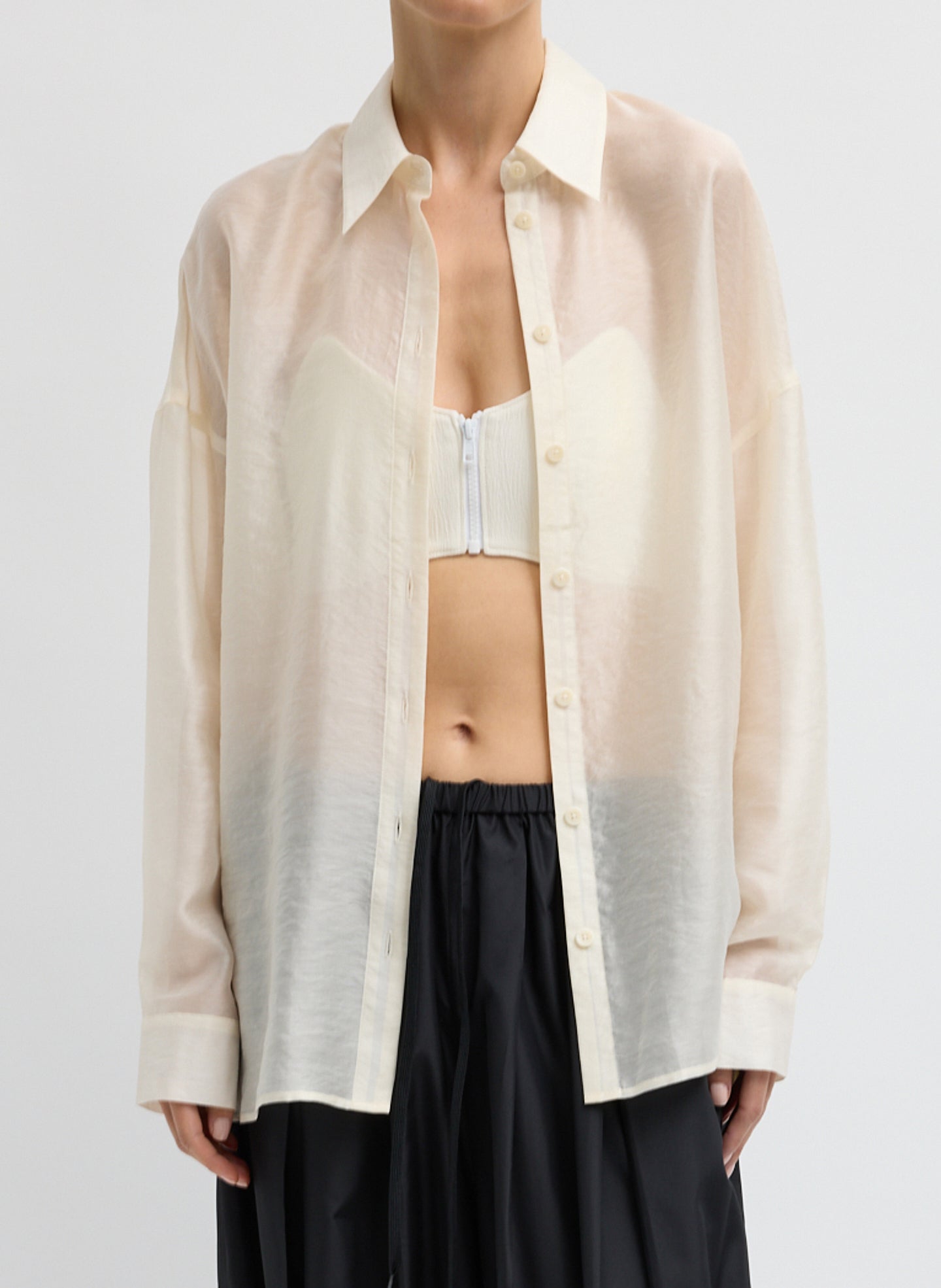 Ivory Summer Voile Sheer Oversized Button Down - front view on model