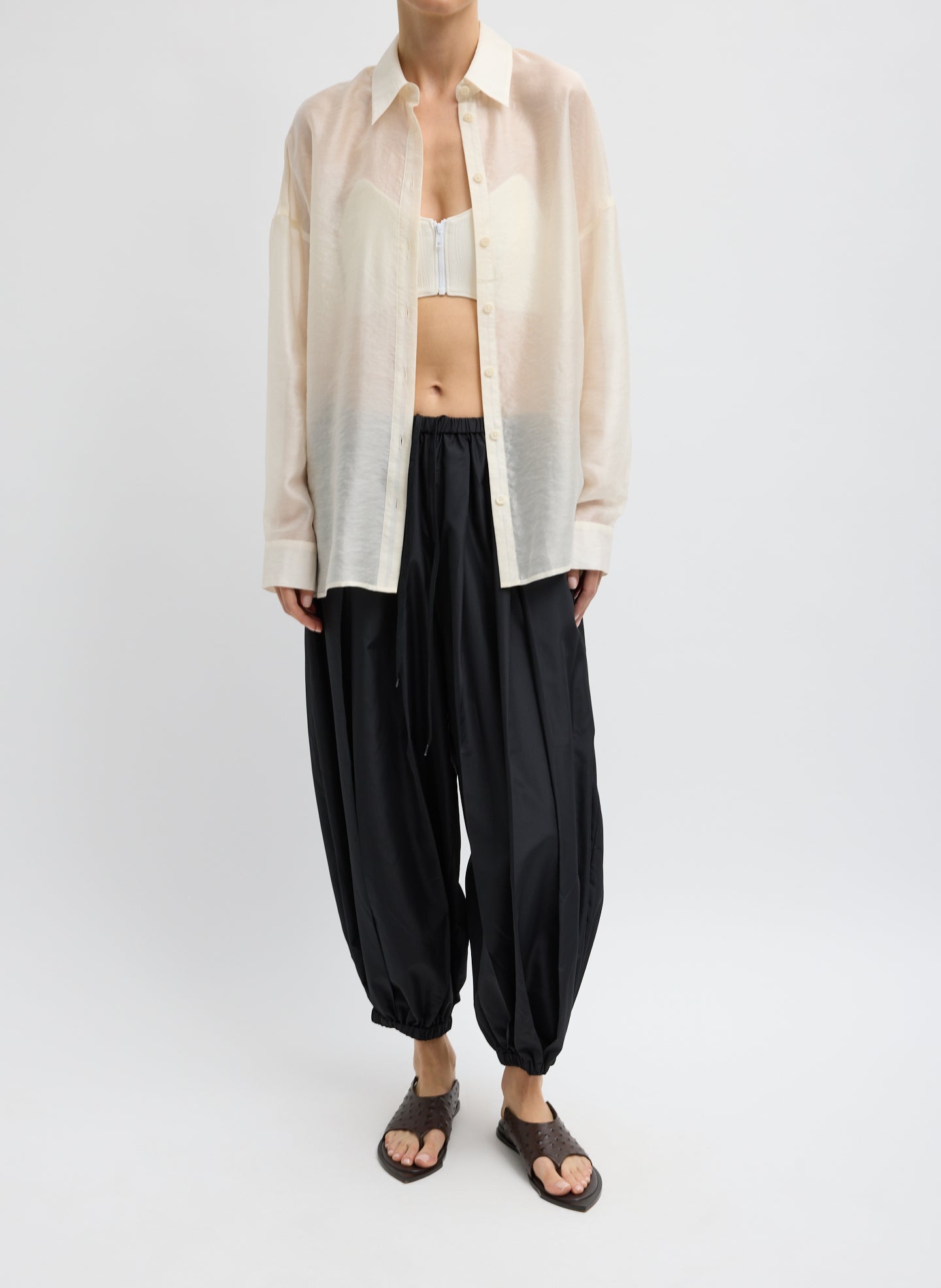 Ivory Summer Voile Sheer Oversized Button Down - full look, front view on model