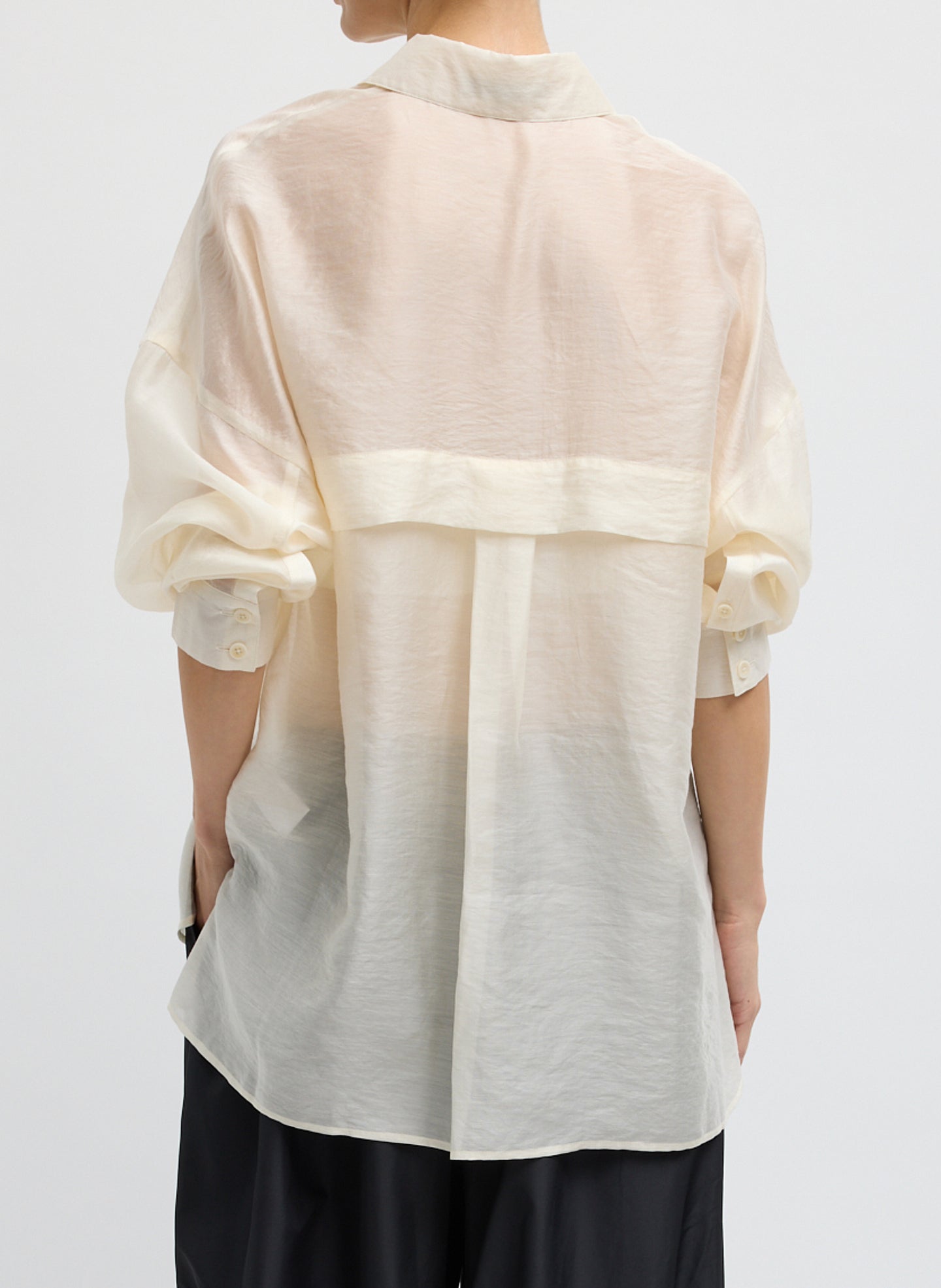 Ivory Summer Voile Sheer Oversized Button Down - back view on model