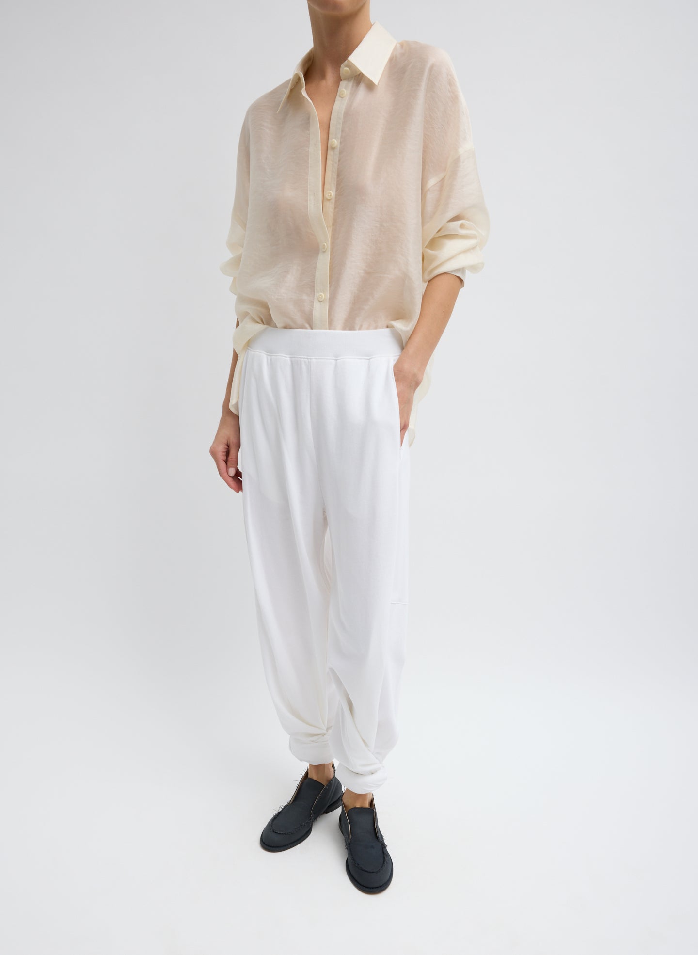 Ivory Summer Voile Sheer Oversized Button Down - full look, front view on model