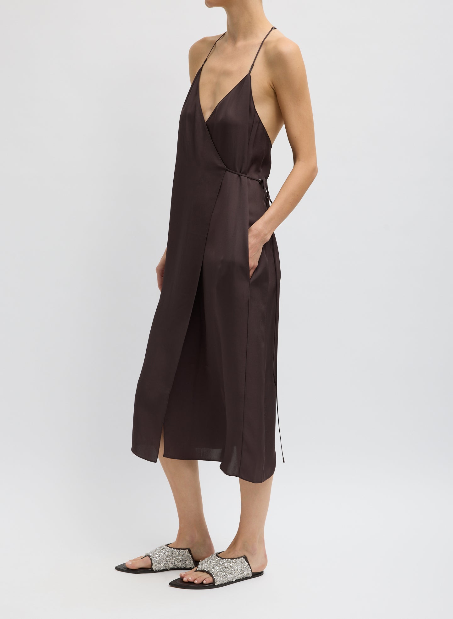 Chocolate Brown Summer Slip Wrap Dress - sleeveless midi dress, side view on model