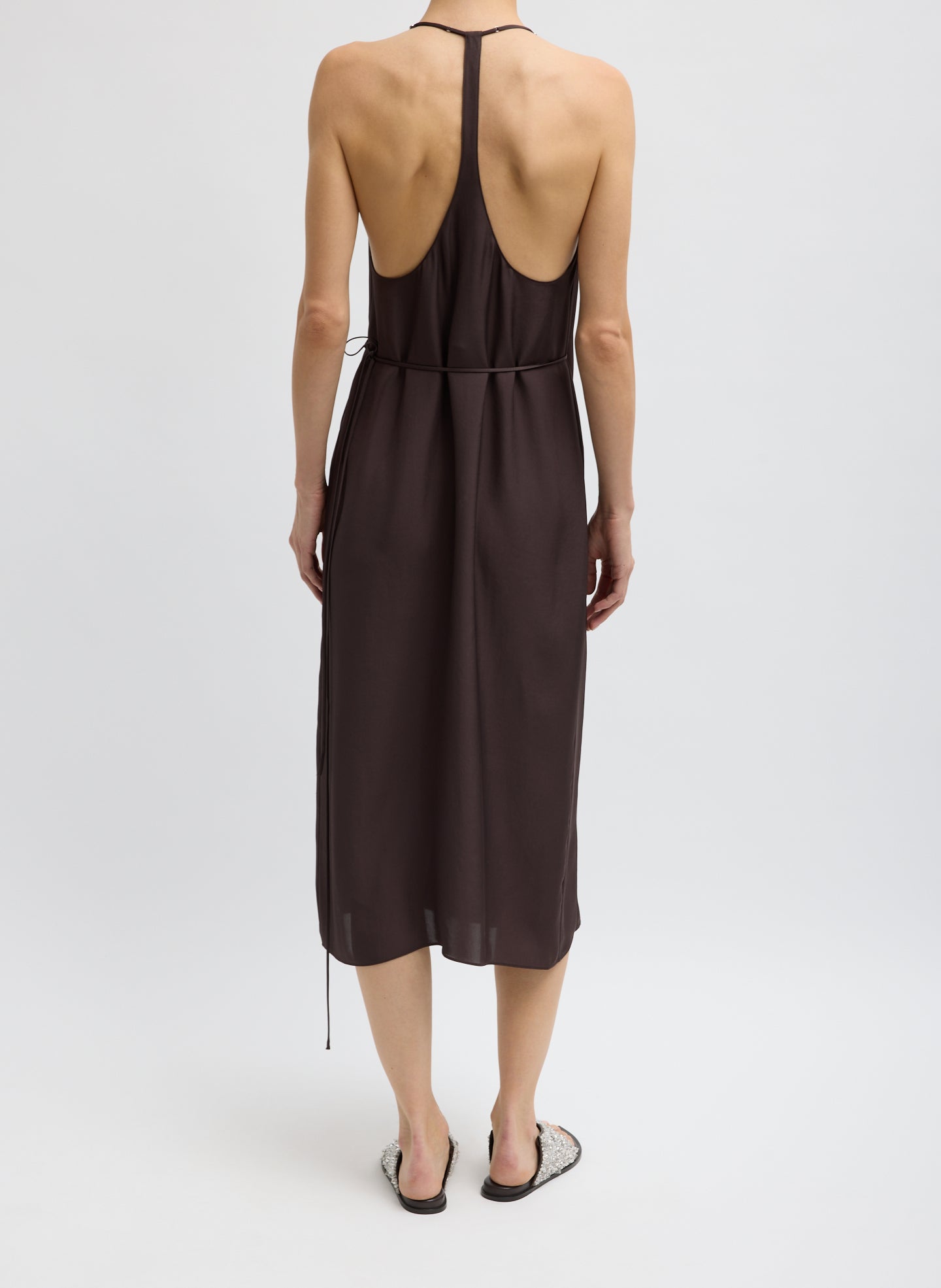 Chocolate Brown Summer Slip Wrap Dress - sleeveless midi dress, back view on model