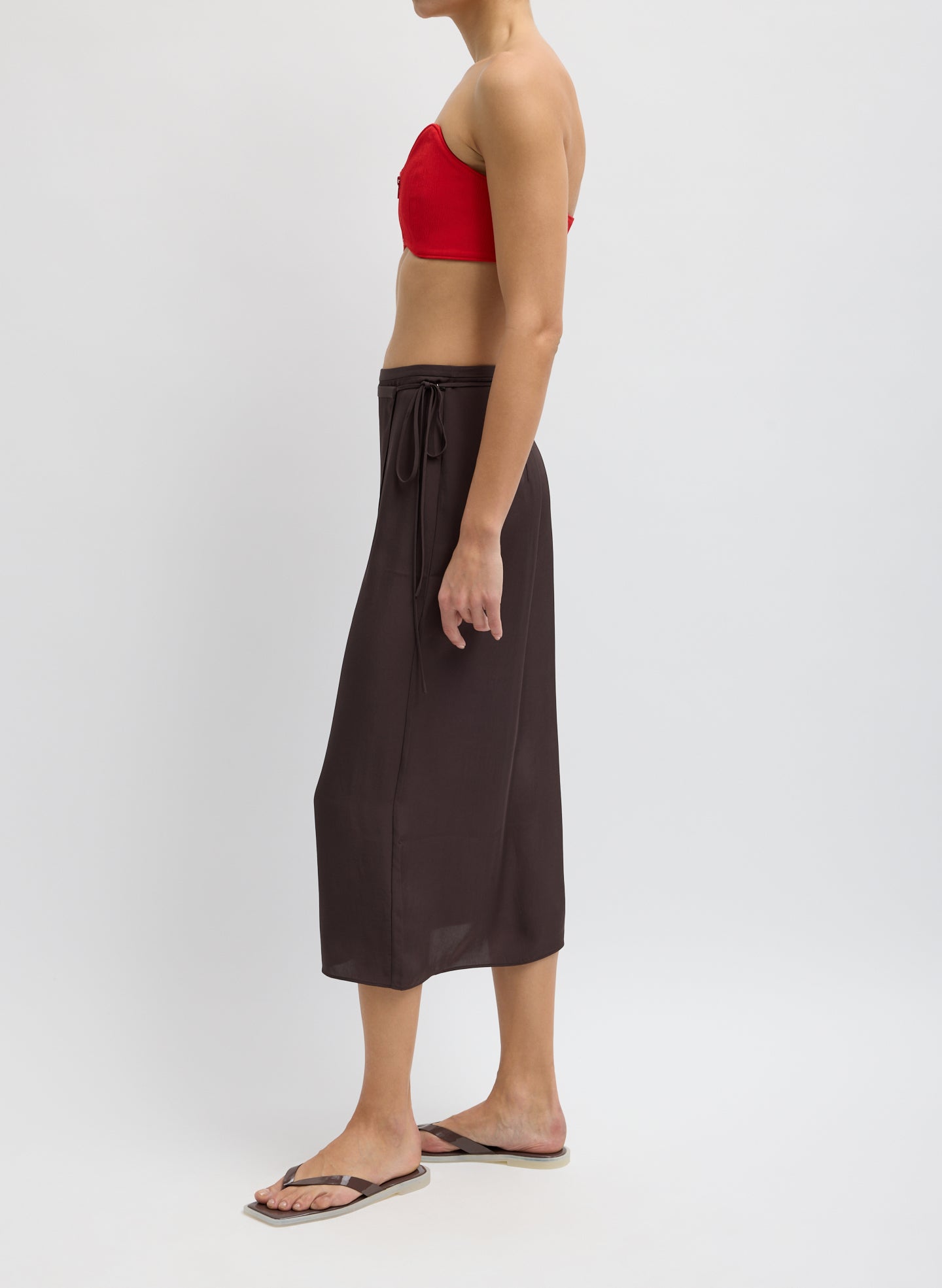 Chocolate Brown Summer Slip Wrap Skirt - midi skirt, side view on model