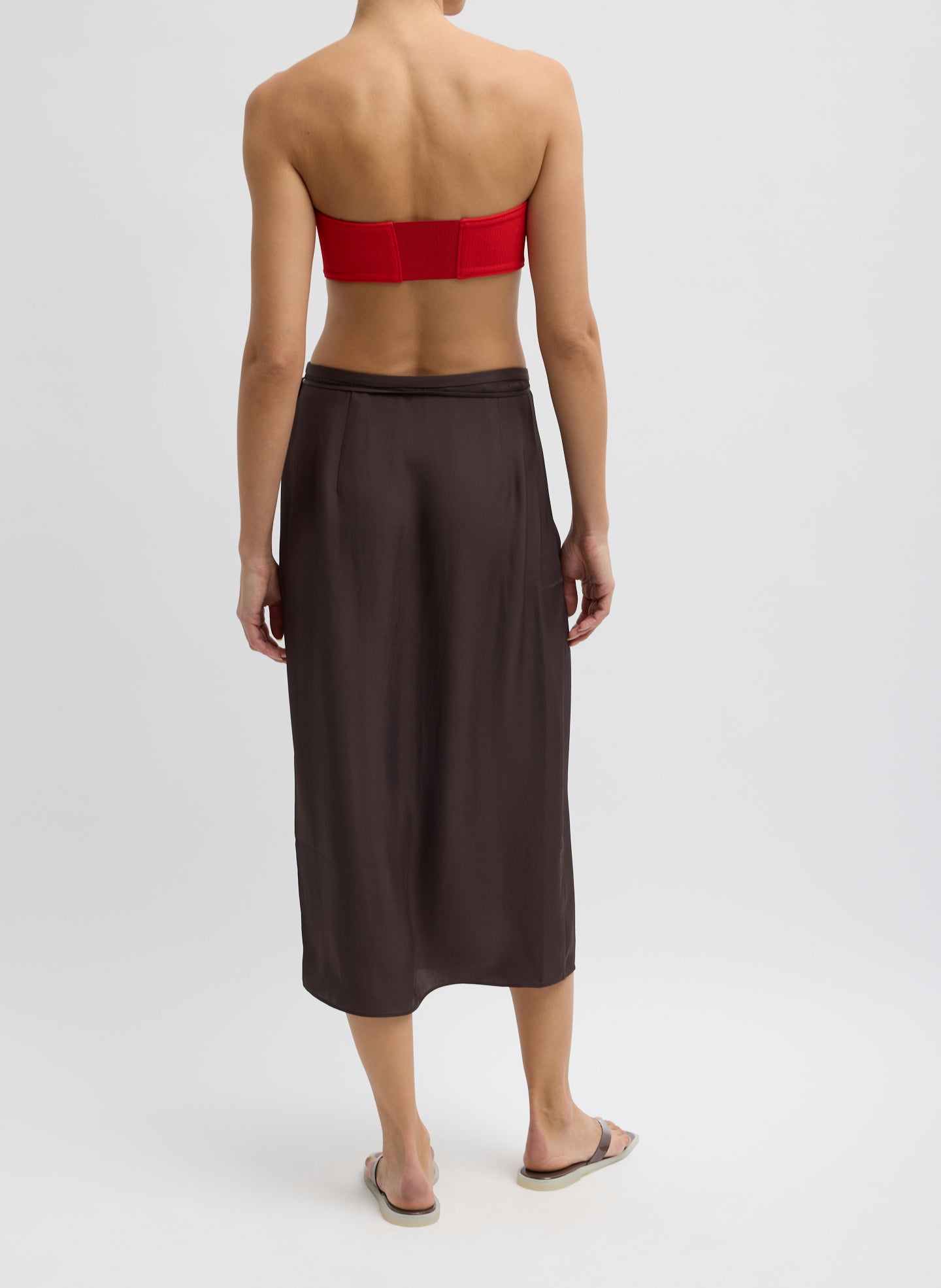 Chocolate Brown Summer Slip Wrap Skirt - midi skirt, back view on model