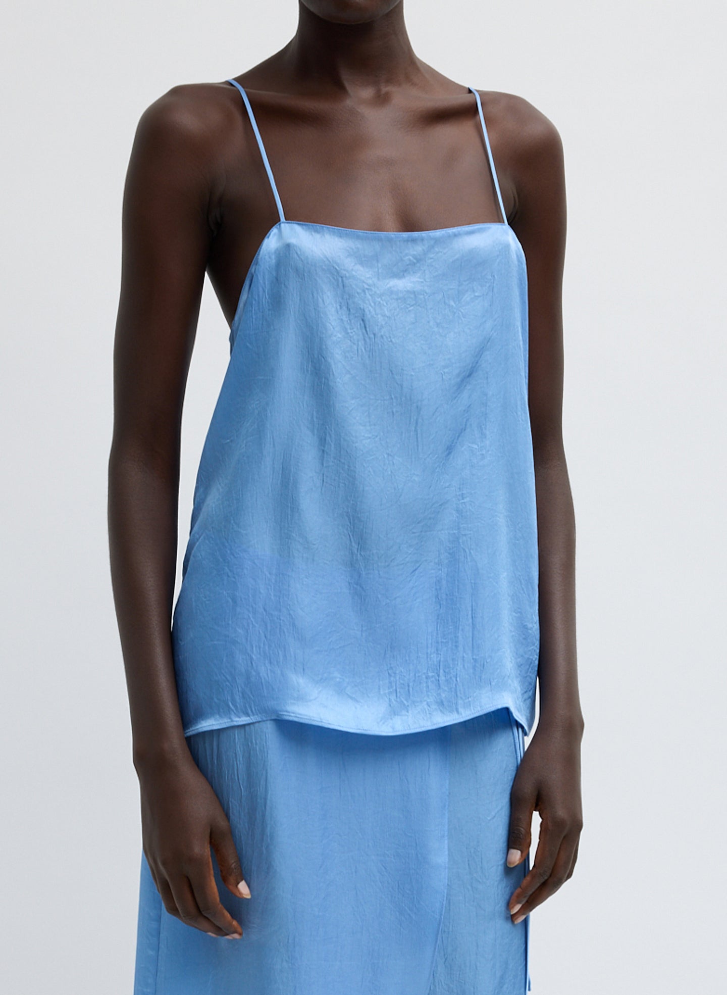 Light Blue Summer Slip Cami - sleeveless silk cami, front view on model