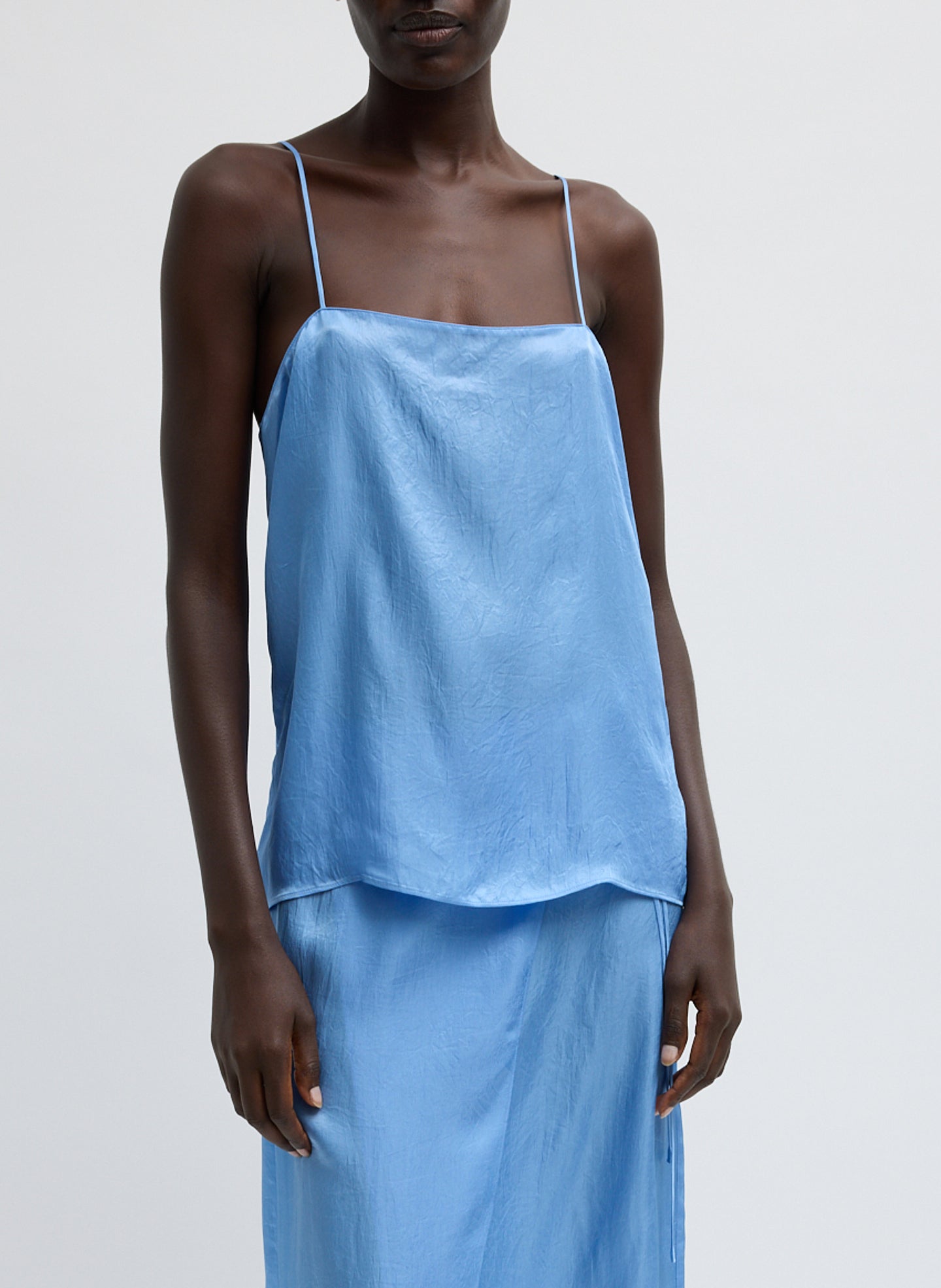 Light Blue Summer Slip Cami - sleeveless silk cami, front view on model