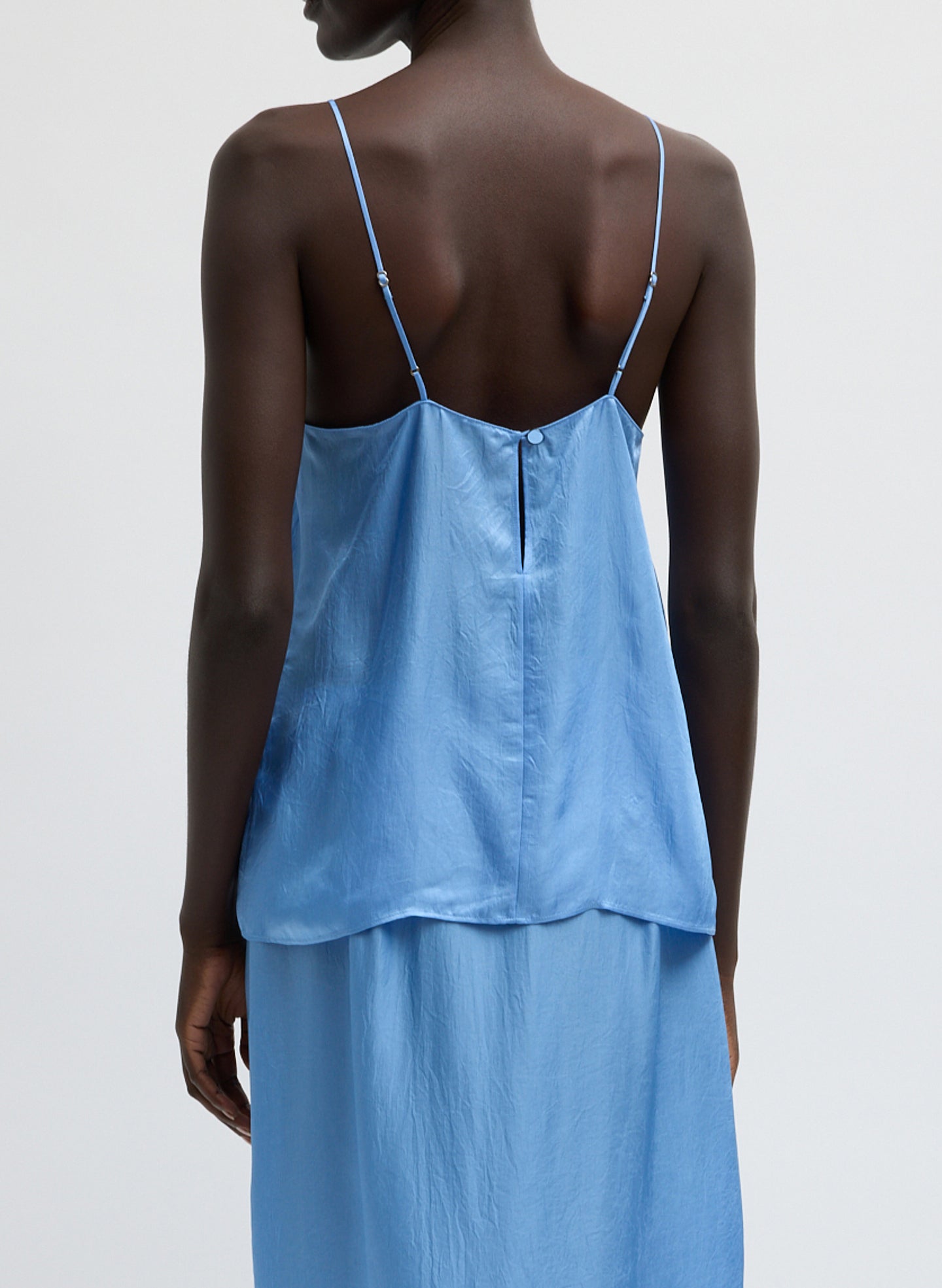 Light Blue Summer Slip Cami - sleeveless silk cami, back view on model